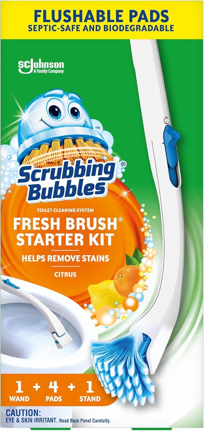 Scrubbing Bubbles Fresh Brush Starter Kit, Citrus - Toilet Cleaning System with Flushable Pads (19 Inch Handle, 4 Pads and 1 Stand)