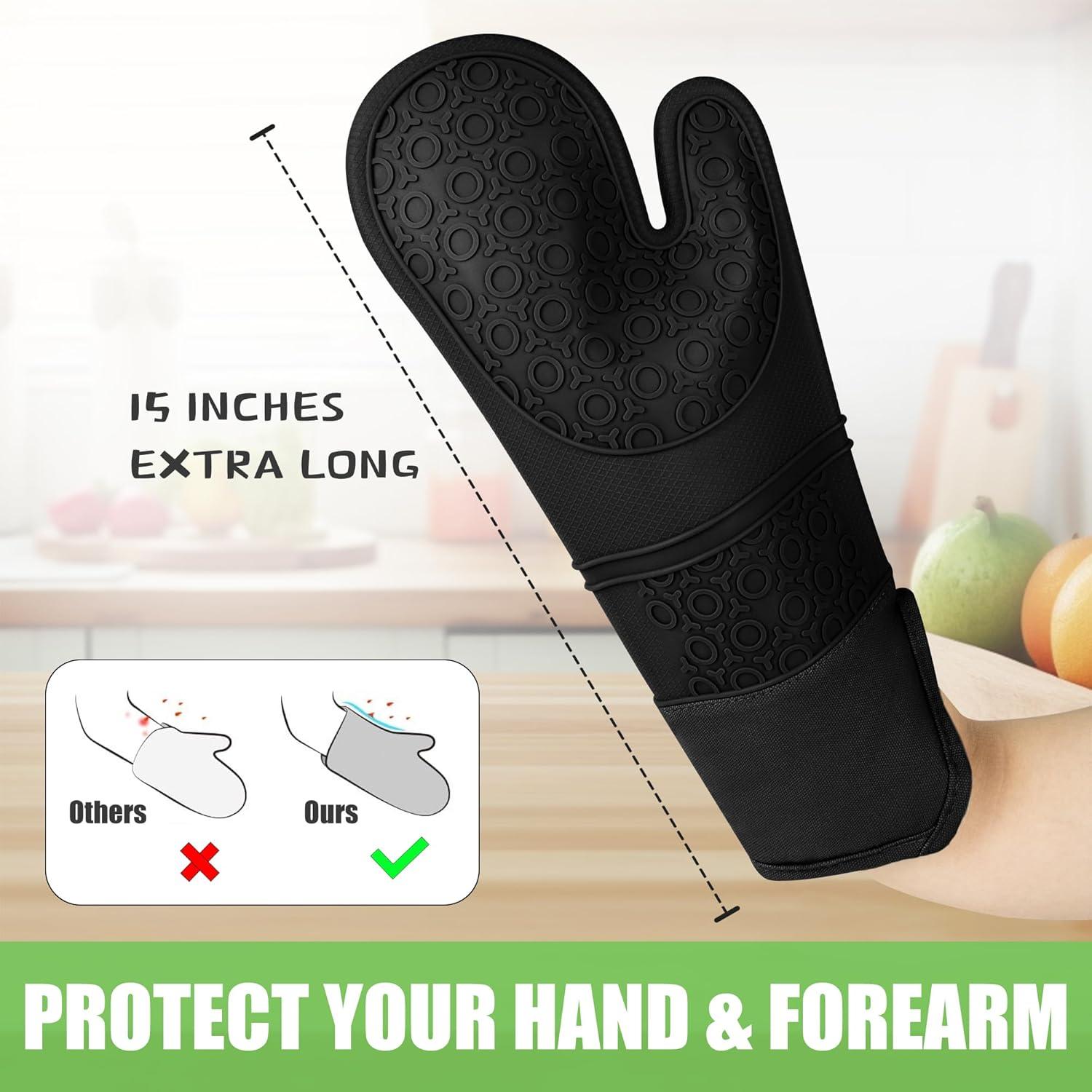 Extra Long Black Silicone Oven Mitts and Pot Holders Set