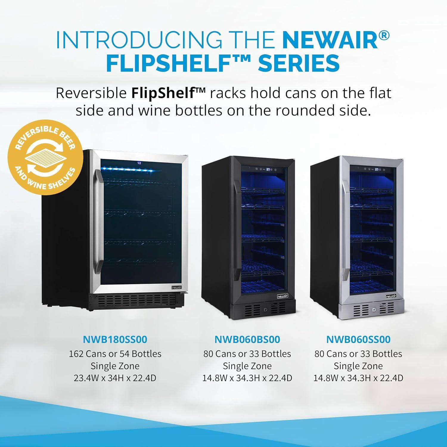 Newair 15" FlipShelf Wine and Beverage Refrigerator, Reversible Shelves Hold 80 Cans or 33 Bottles