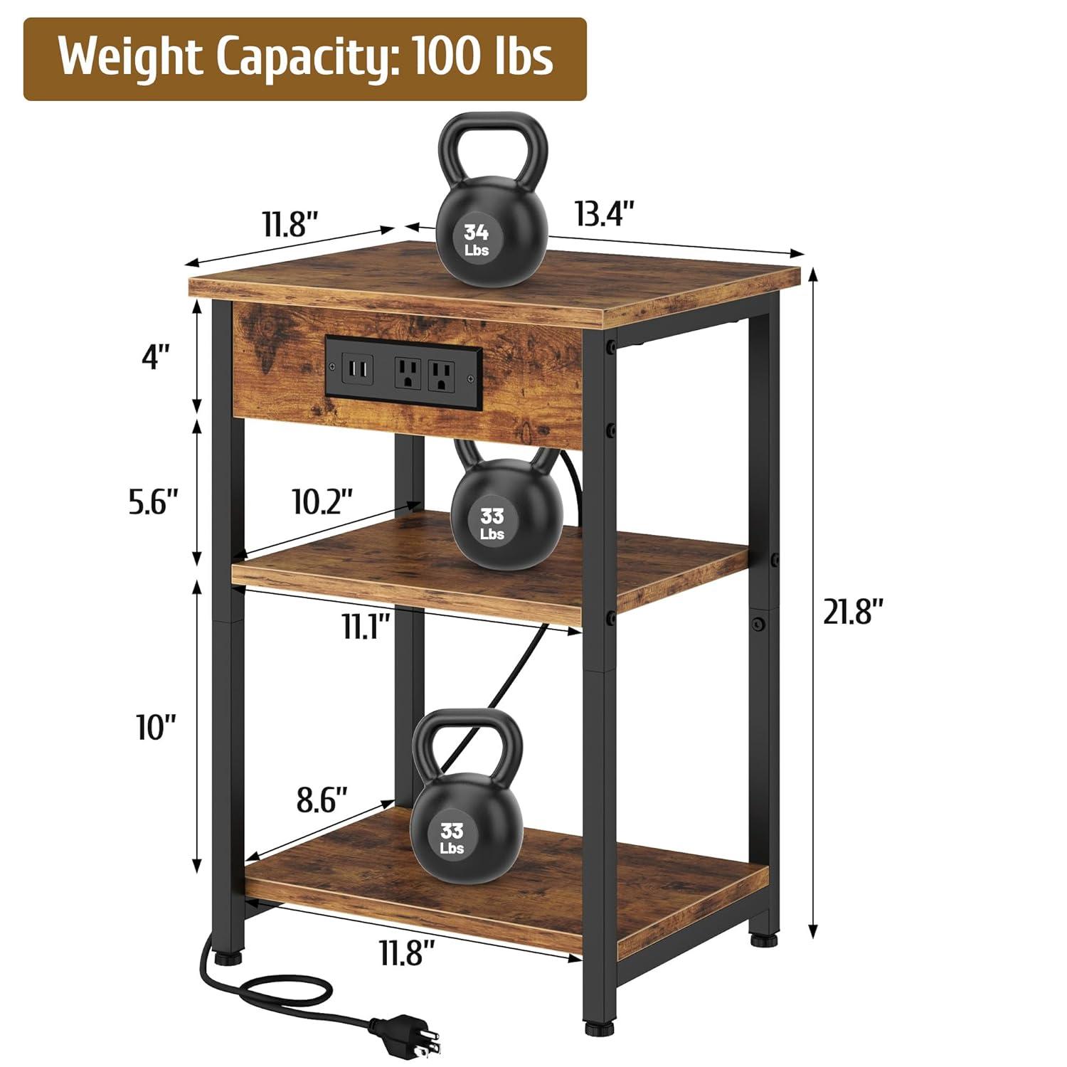 End Tables Set of 2 with Charging Station USB Ports, 3 Tier Tall Night Stand with Storage Shelves, Record Player Stand Narrow Side Table for Small Space Living Room Bedroom Office, Rustic Brown