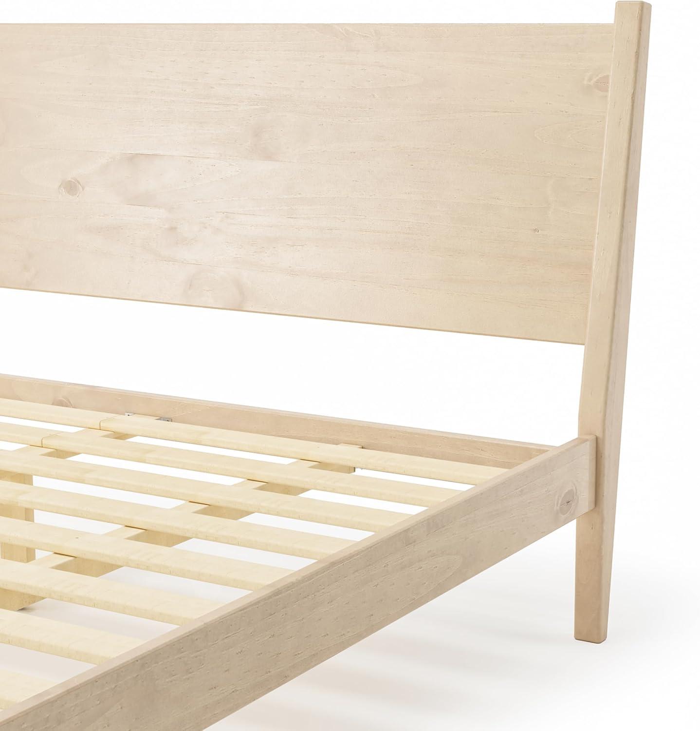 Mid-Century Light Oak King Pine Wood Upholstered Platform Bed