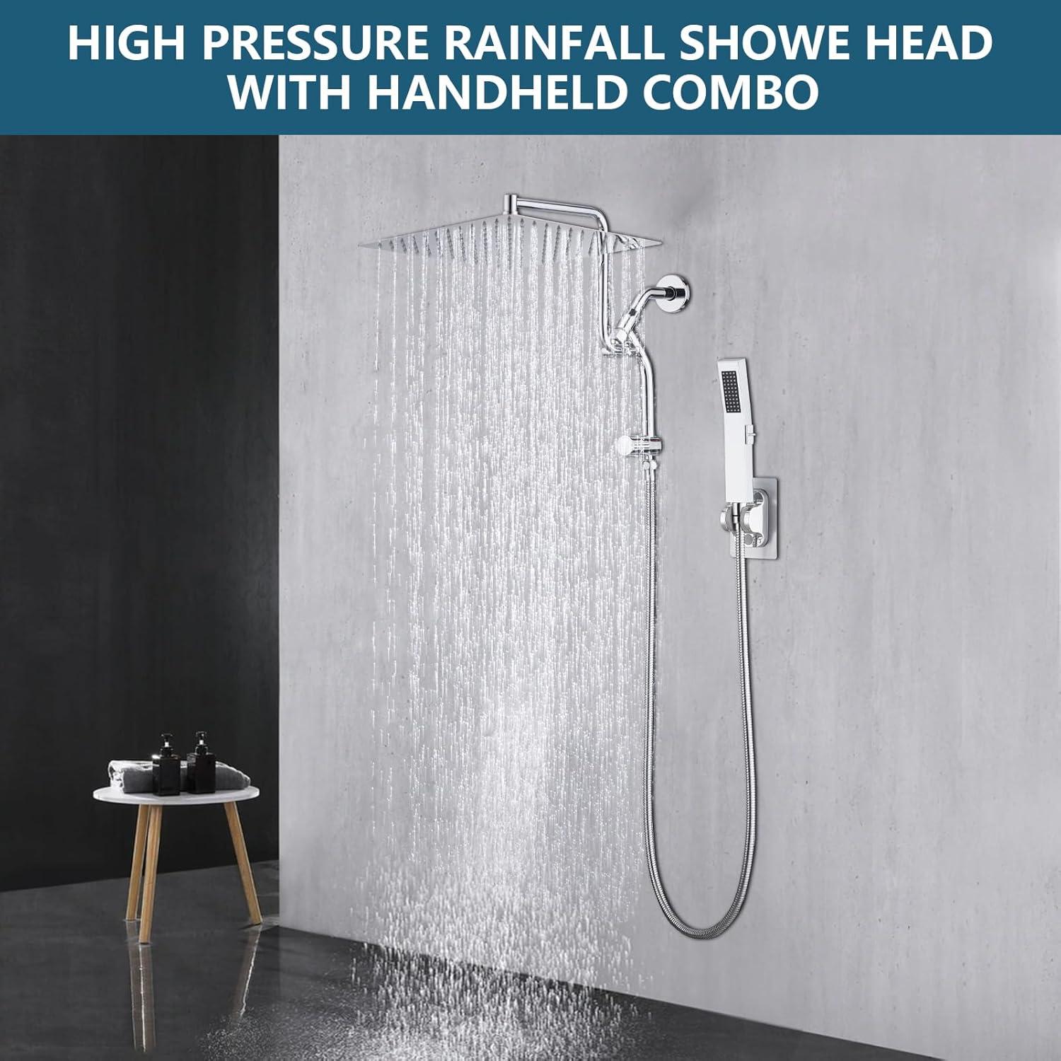 PDPBath All Metal 12'' Rainfall Shower Head with Handheld Combo, Upgrade 3-Way Diverter with Pause Setting, High Pressure Rain Shower Head with Z-shaped Extension Arm, 59" Hose, Brushed Nickel