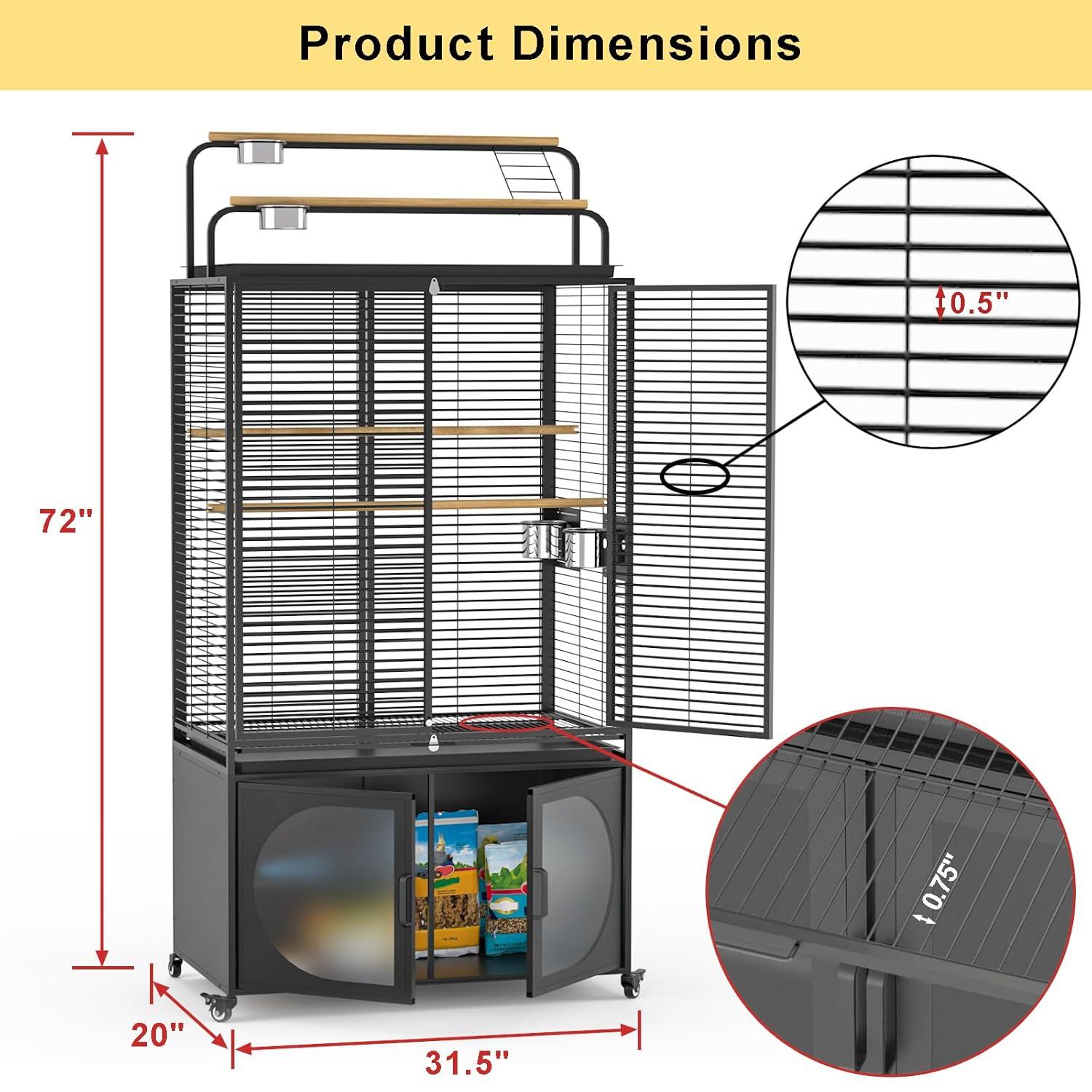 GDLF 72-Inch Bird Cage With Play Top and Rolling Storage Cabinet Extra Large With Cover for Parrot, Parakeet, Cockatiel, Budgie , Parrotlet, Green Cheek Conure