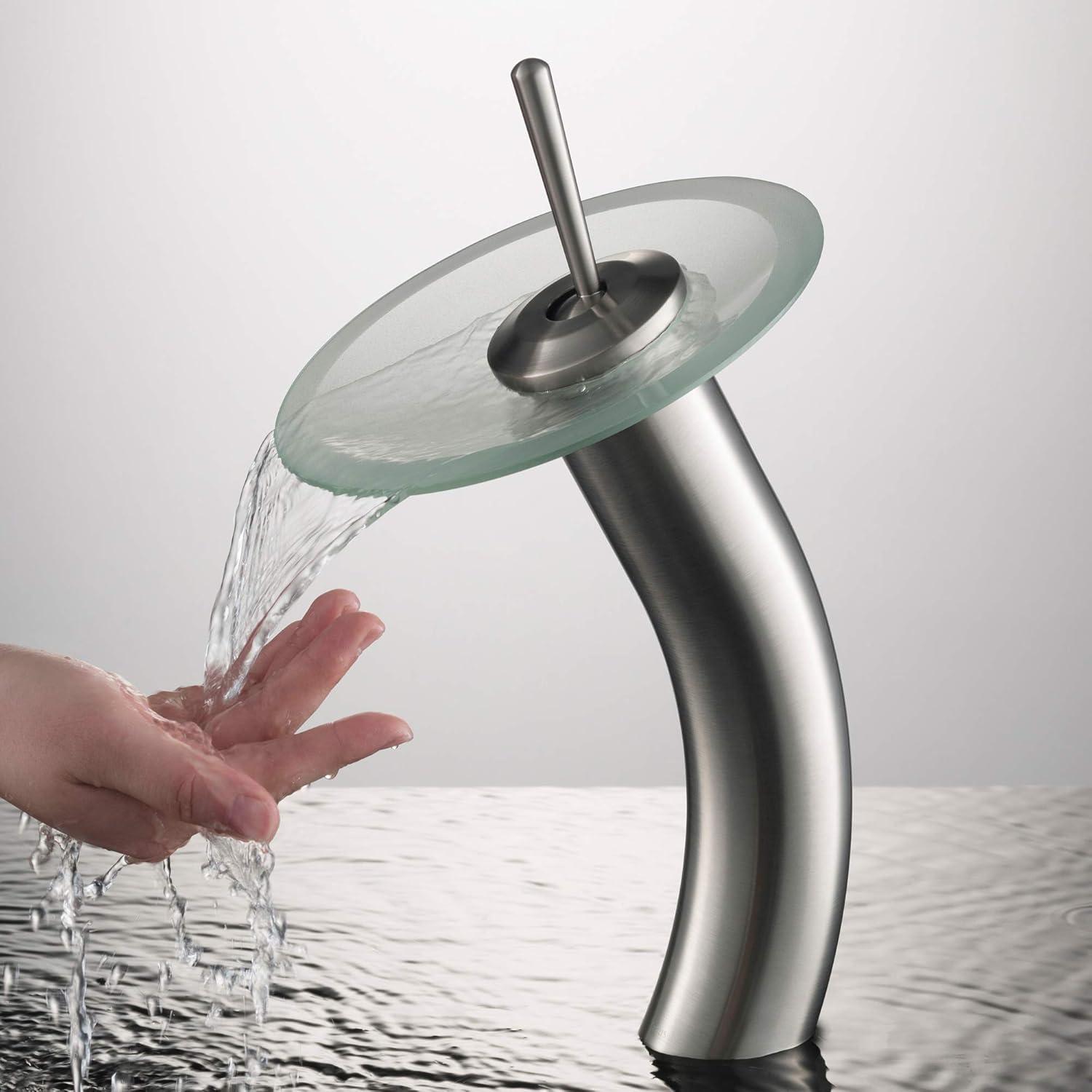 KRAUS Tall Waterfall Bathroom Faucet for Vessel Sink with Frosted Glass Disk and Pop-Up Drain, Satin Nickel Finish