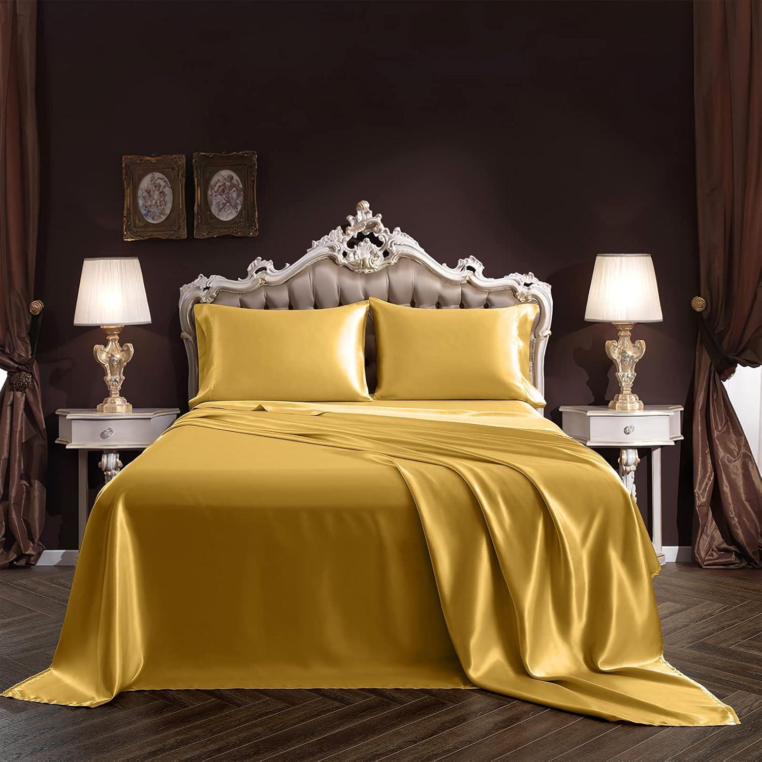 King Size Soft Gold Satin 4-Piece Deep Pocket Sheet Set