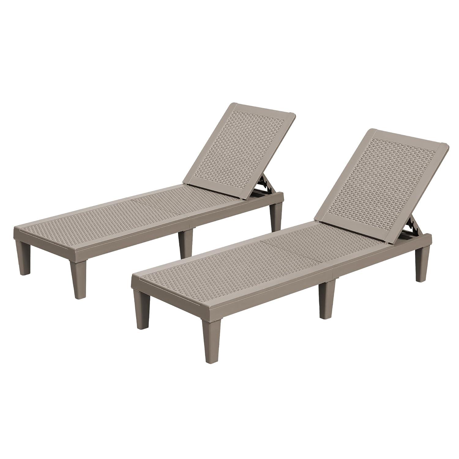 JUMMICO Patio Chaise Lounge Chair Set of 2 Outdoor PE Waterproof Adjustable Easy Assembly Lounge Chairs for Outside Pool Garden Deck Beach (Light Brown, Set of 2)