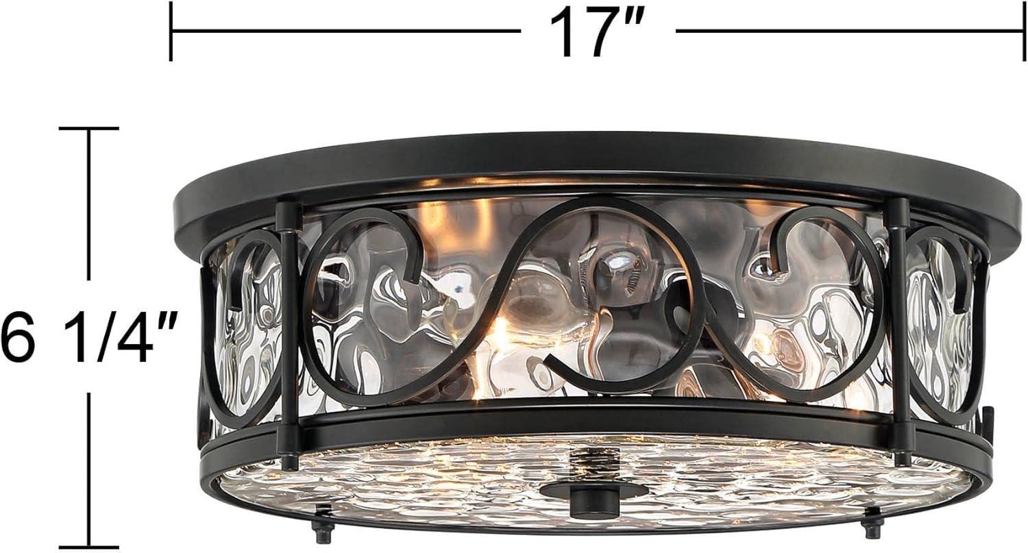 John Timberland Paseo Rustic Industrial Flush Mount Outdoor Ceiling Light Matte Black 6 1/4" Clear Hammered Glass Damp Rated for Post Exterior Barn