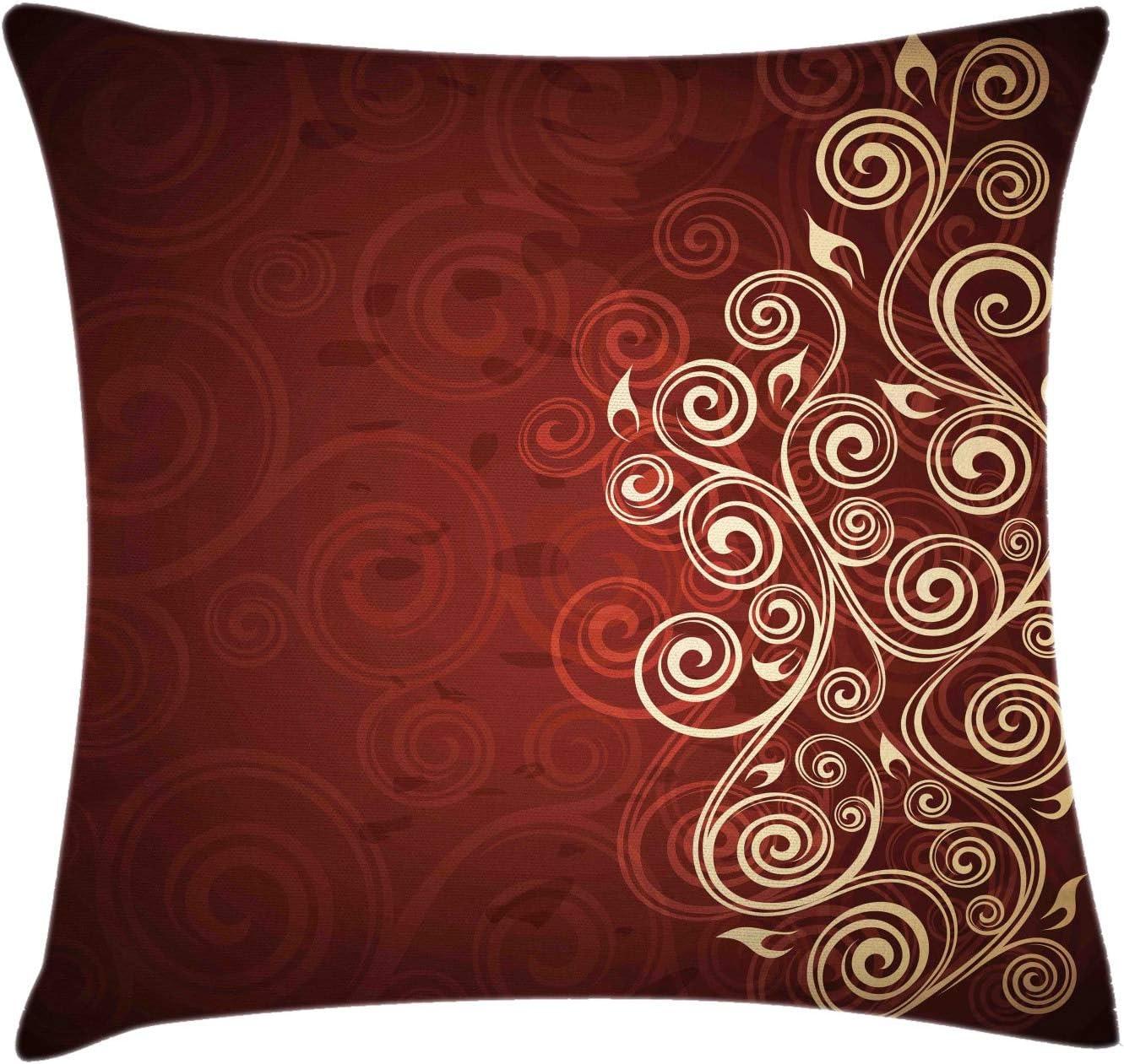 Burgundy and Cream Floral Polyester Square Throw Pillow