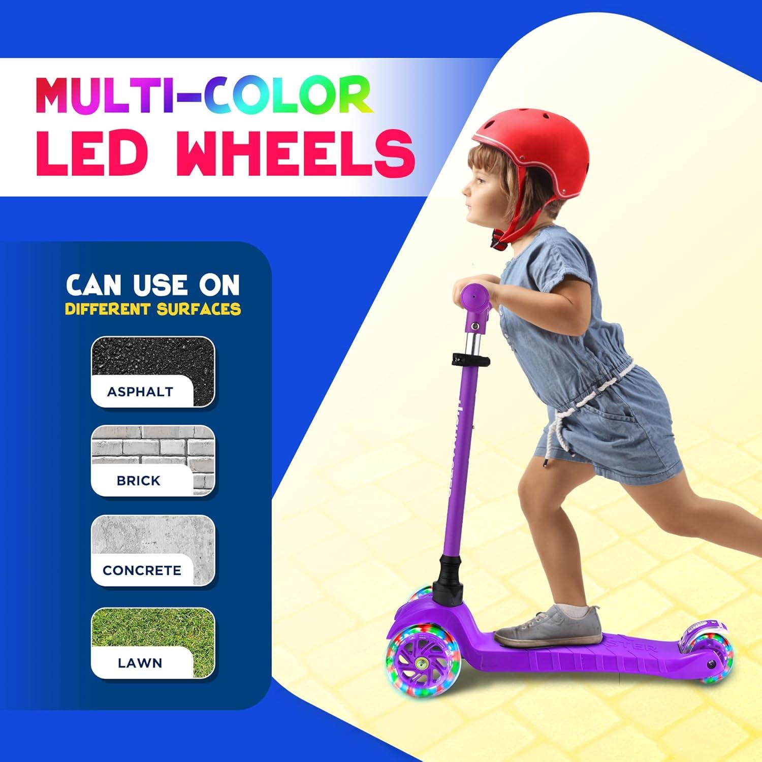 Highmaster 3-Wheel Toddler Scooter for 2 to 8 Year Old boy - 3 Wheeled Kids Scooter with Light Up Wheels, Safe and Fun Ride for Kids - Purple