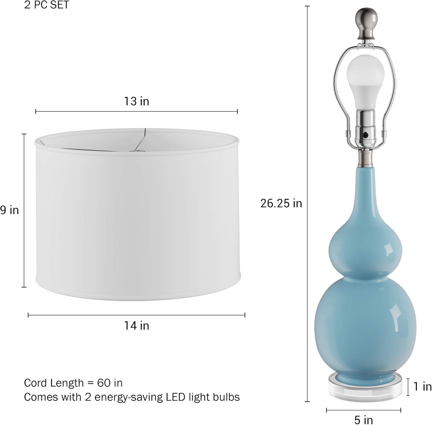 Lavish Home Set of 2 Ceramic Table Lamps - Double Gourd Vintage Style Lights for Bedroom, Living Room, or Office with Efficient LED Bulbs, Blue