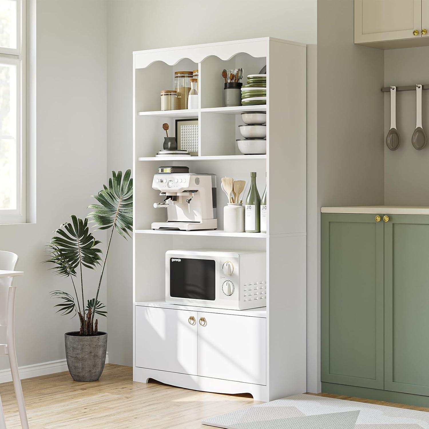 5-Tier White Bookcase, 63 Inch Tall Bookshelf with Open Storage Shelves & Doors, Modern Wooden Floor Standing Display Storage Shelves