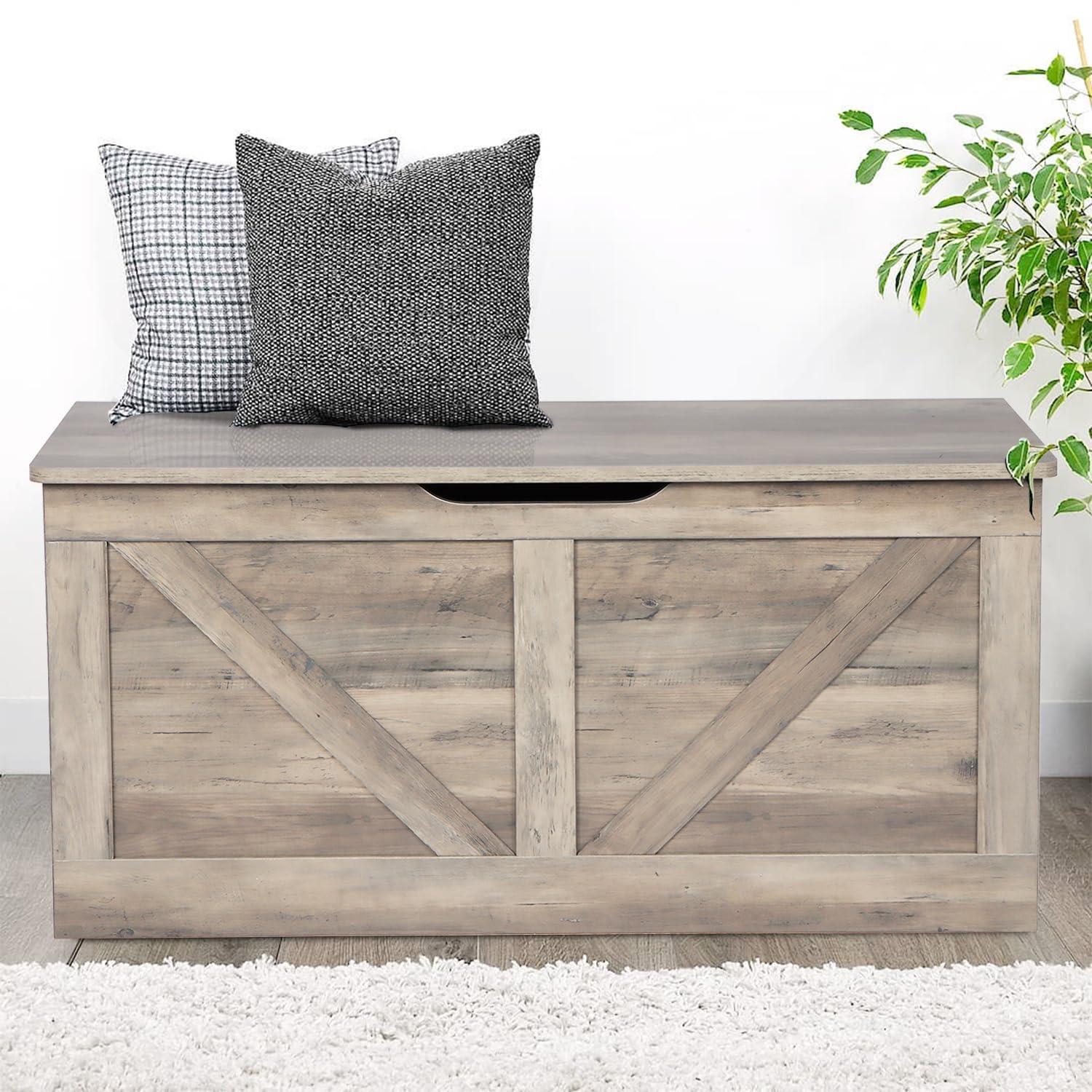 39.4" Storage Chest, Wooden Storage Bench, Large Storage Trunk with 2 Safety Hinges, Entryway Shoes Bench for Living Room, Bedroom, Grey