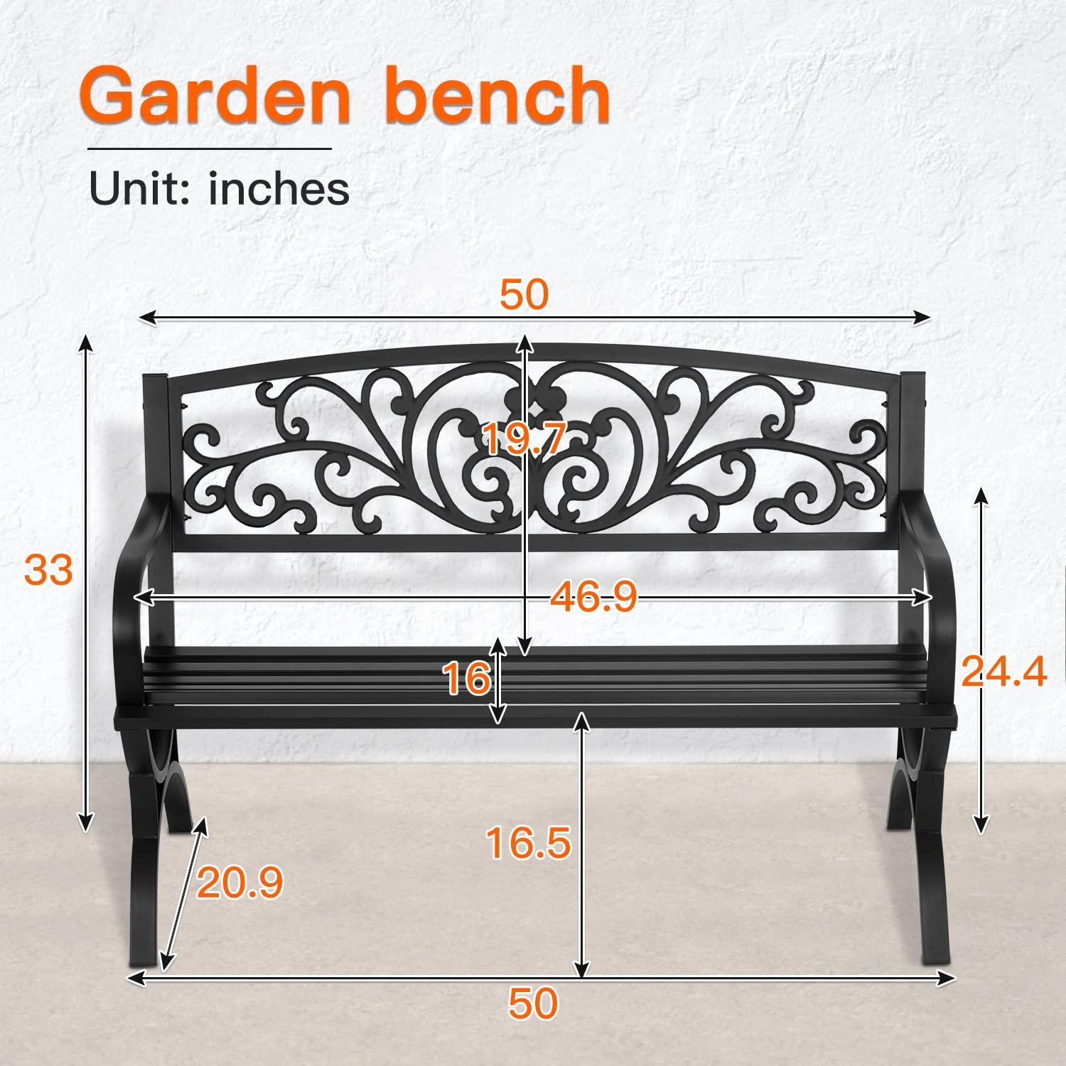 QSHIMY Patio Garden Bench 50 inch Outdoor Metal Loveseat Chairs with Armrests Slatted,Easy to Assemble,Sturdiness,Perfect for Outdoors,Black
