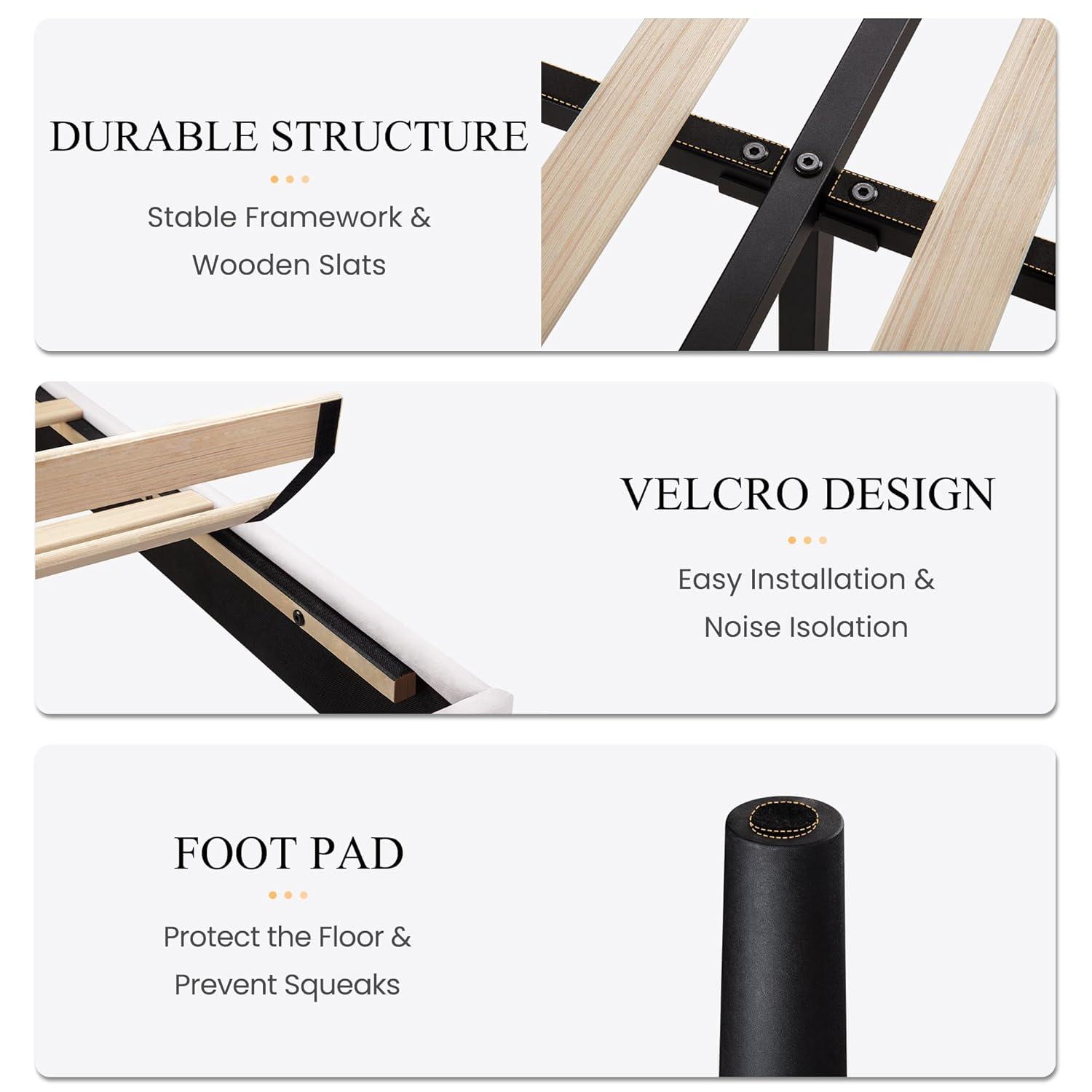 SHA CERLIN Queen Size Velvet Bed Frame with Vertical Channel Tufted Wingback Headboard, Upholstered Platform Bed with Wood Slats, No Box Spring Needed, Easy Assembly, White