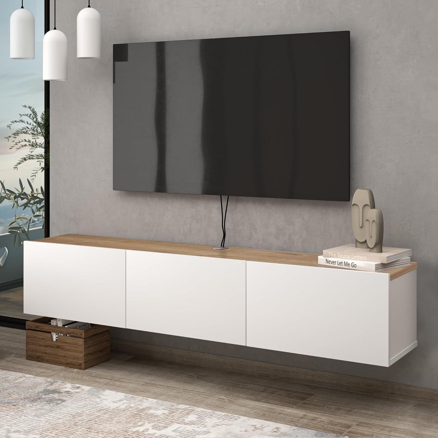 Modern White and Oak Floating TV Stand with Cabinet