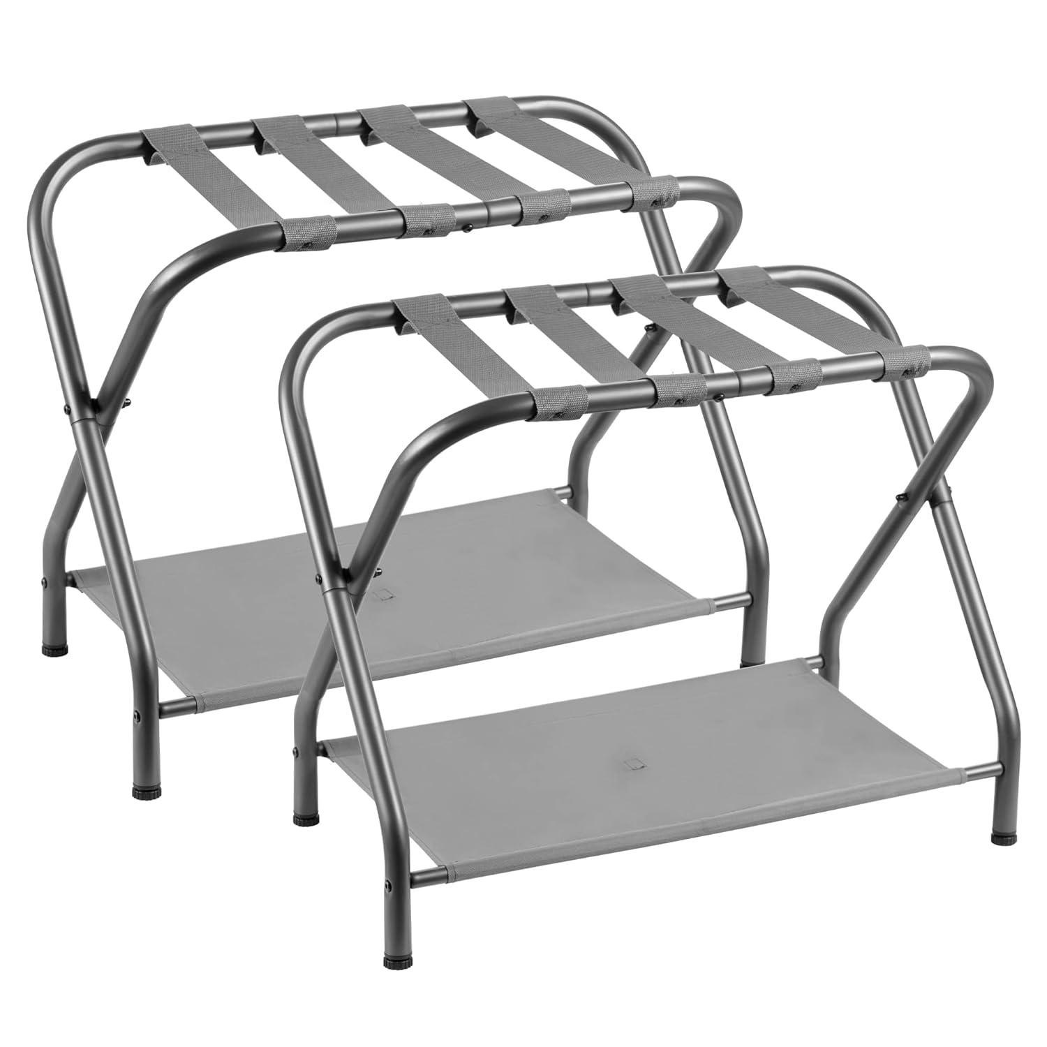 MEBROT Set Of 2, Foldable Suitcase Stands For Guest Room, Metal Luggage Holder With Storage Shelf For Bedroom, Hotel, Easy Assemble