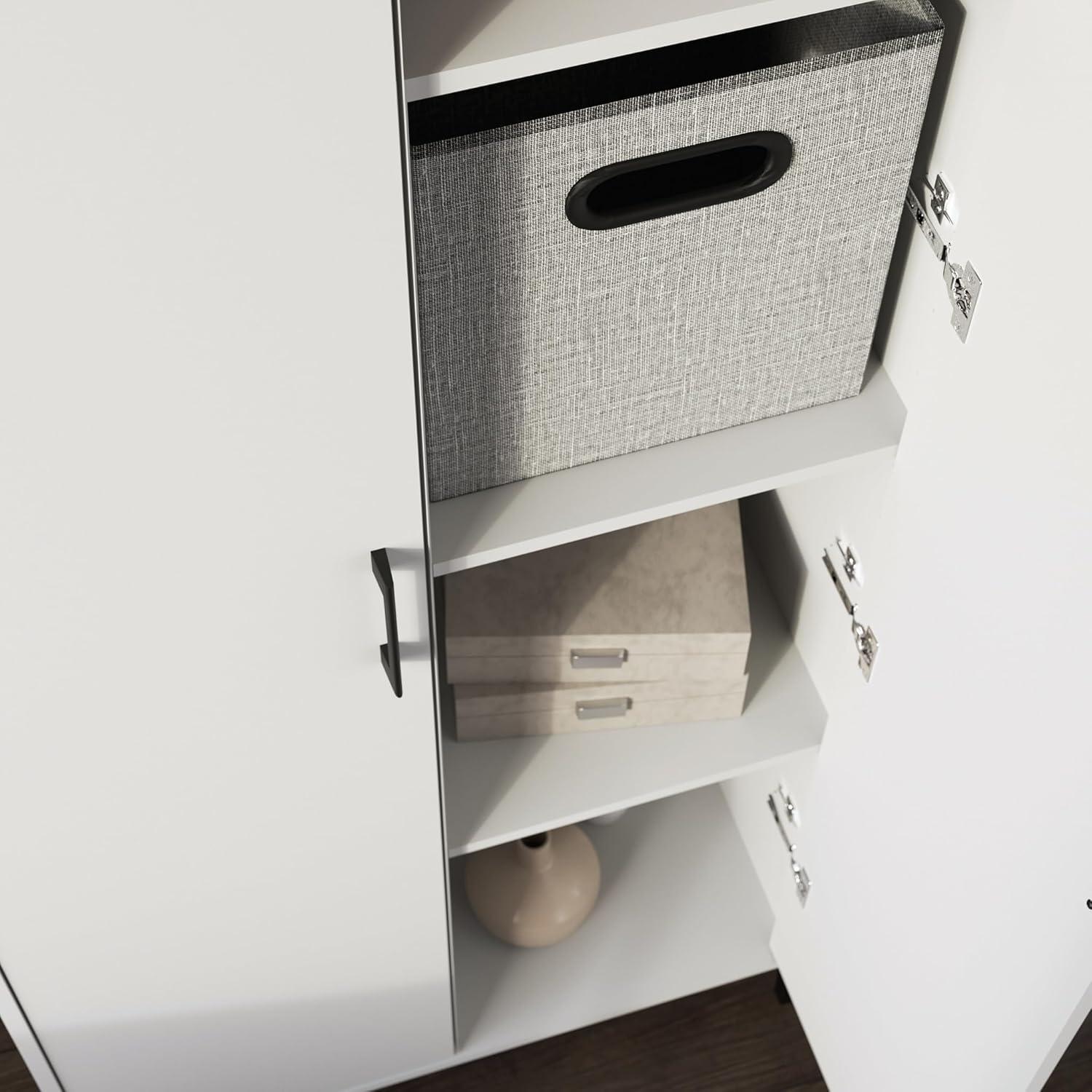 White Tall Storage Cabinet with Adjustable Shelves and Metal Base