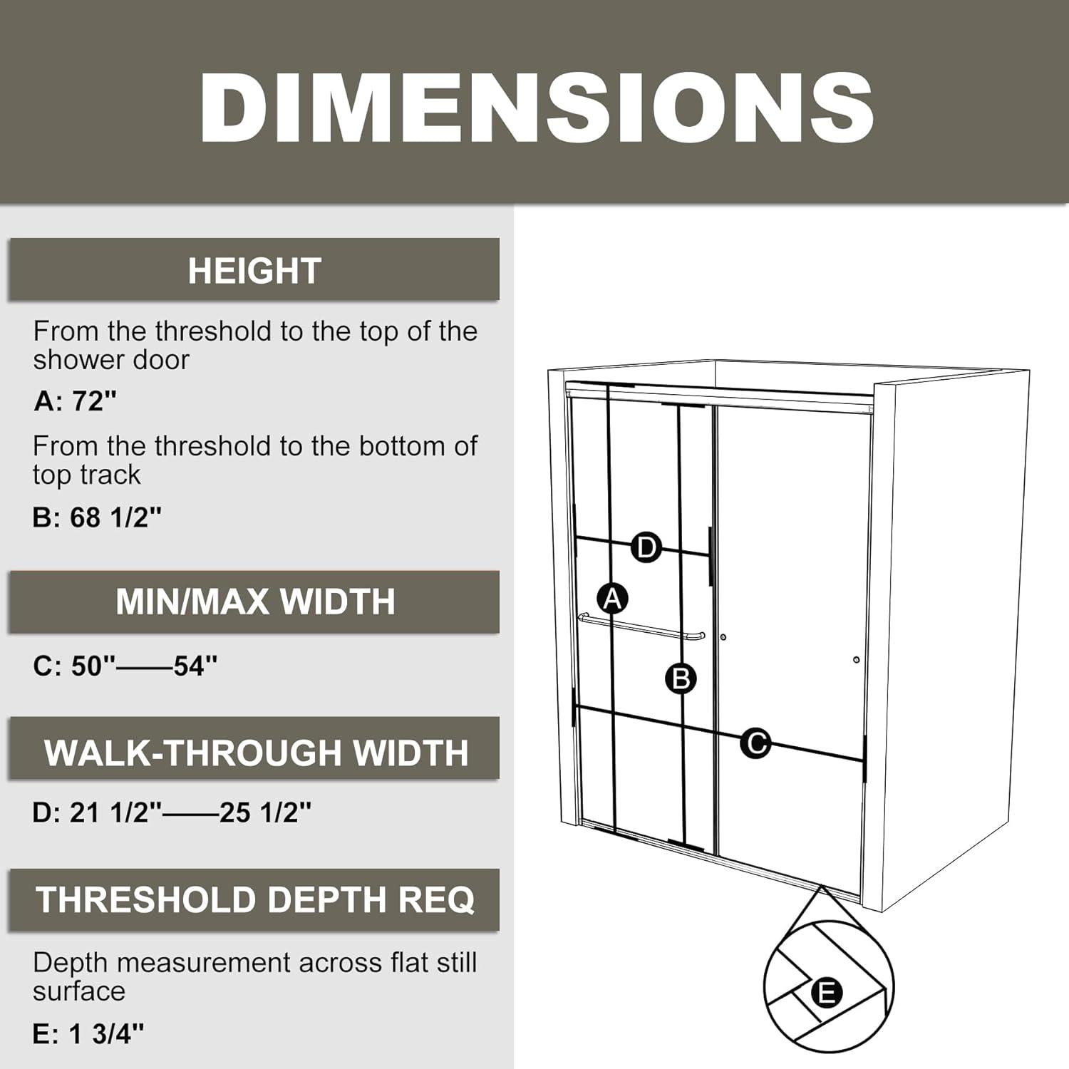 50-54" W x 72" H Semi-Frameless Sliding Glass Shower Door, Matte Black Finish Shower Door with 1/4'' (6mm) Clear SGCC Tempered Glass