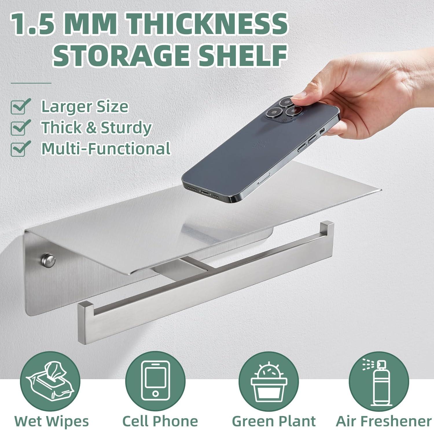 Double Toilet Paper Holder with Shelf Brushed Nickel, Modern Bathroom Accessories SUS 304 Stainless Steel Commercial Tissue Roll Dispenser Mobile Phone Storage Rack Handy Use
