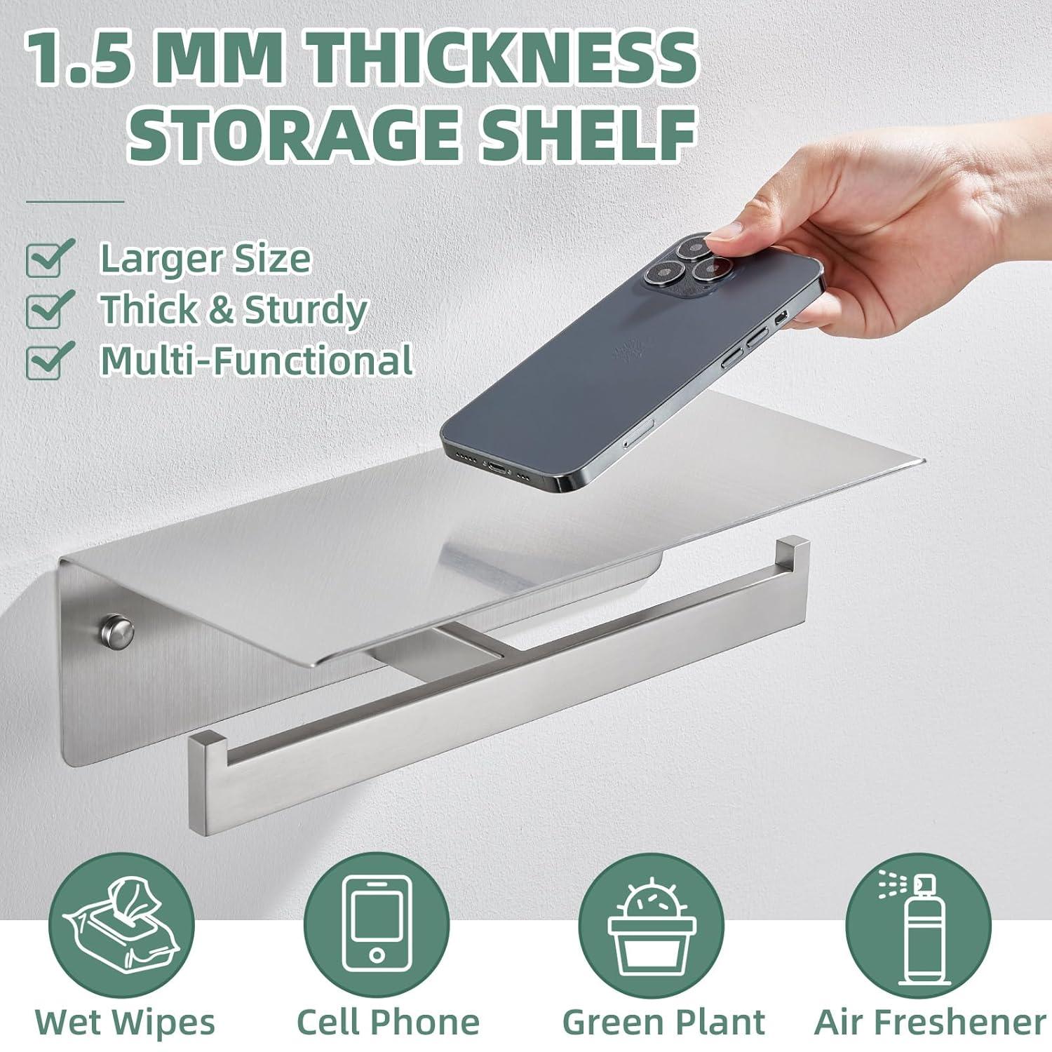 Double Toilet Paper Holder with Shelf Brushed Nickel, Modern Bathroom Accessories SUS 304 Stainless Steel Commercial Tissue Roll Dispenser Mobile Phone Storage Rack Handy Use