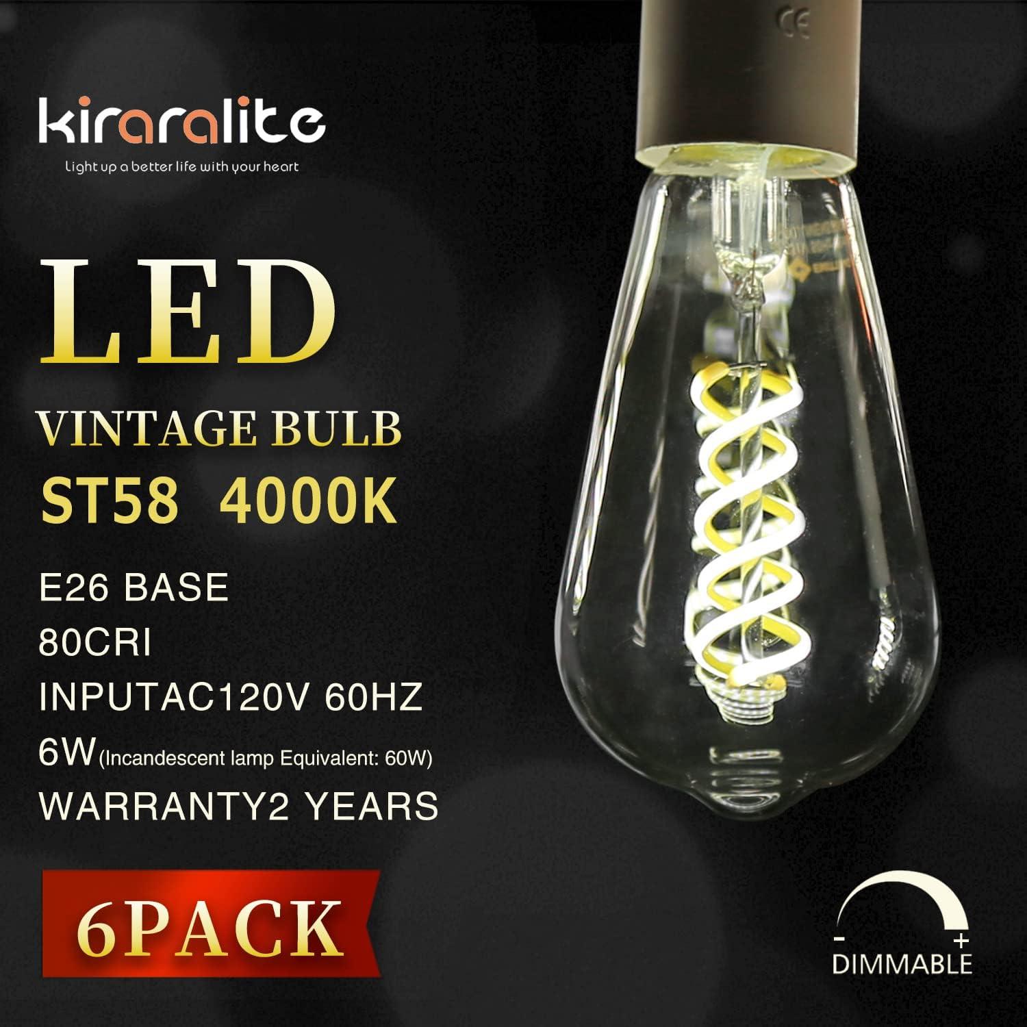 6 Pack ST19 ST58 Edison Bulb, Vintage LED Filament Bulb,Softy White 2700K, Antique Flexible Spiral LED Filament Light Bulb, Dimmable 600LM, 6W Equivalent to 60W, E26 Base,Clear Glass