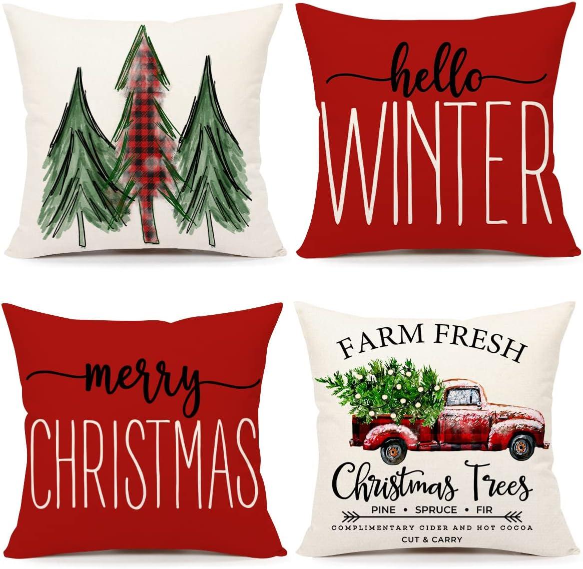 BEAUTY Merry Christmas Throw Pillow Covers 18 x 18 Inch Set of 4  Red Barn Merry & Bright Xmas Farmhouse Holiday Pillowcases for Home Outdoor Decoration CP053-18