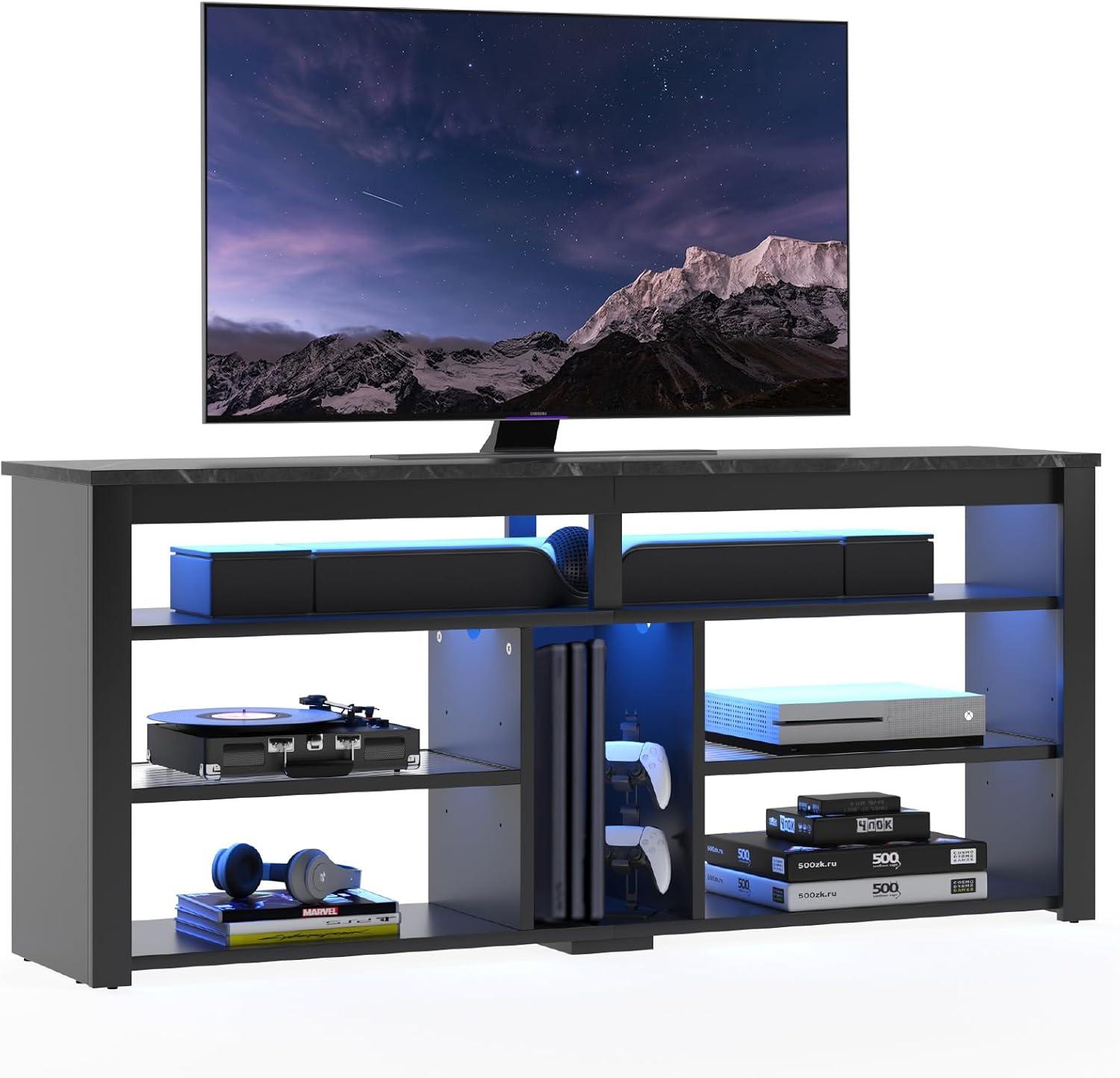 Bestier LED Tall Entertainment Center, 55/60/65 inch TV Stand with Storage for PS5 Xbox, Adjustable Shelf Media Console for Living Room, Black Marble