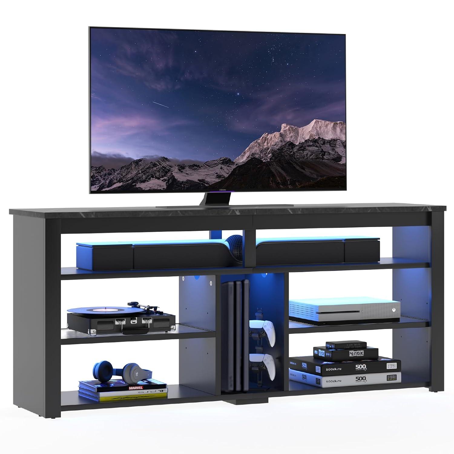 Bestier LED Tall Entertainment Center, 55/60/65 inch TV Stand with Storage for PS5 Xbox, Adjustable Shelf Media Console for Living Room, Black Marble