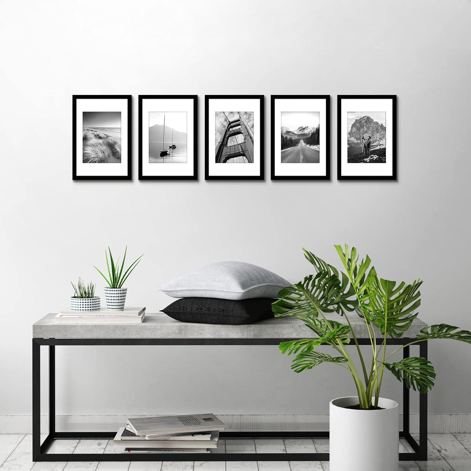 Americanflat 5 Pack of 8x12 Frames with 6x8 Mat - Plexiglass Cover - Black