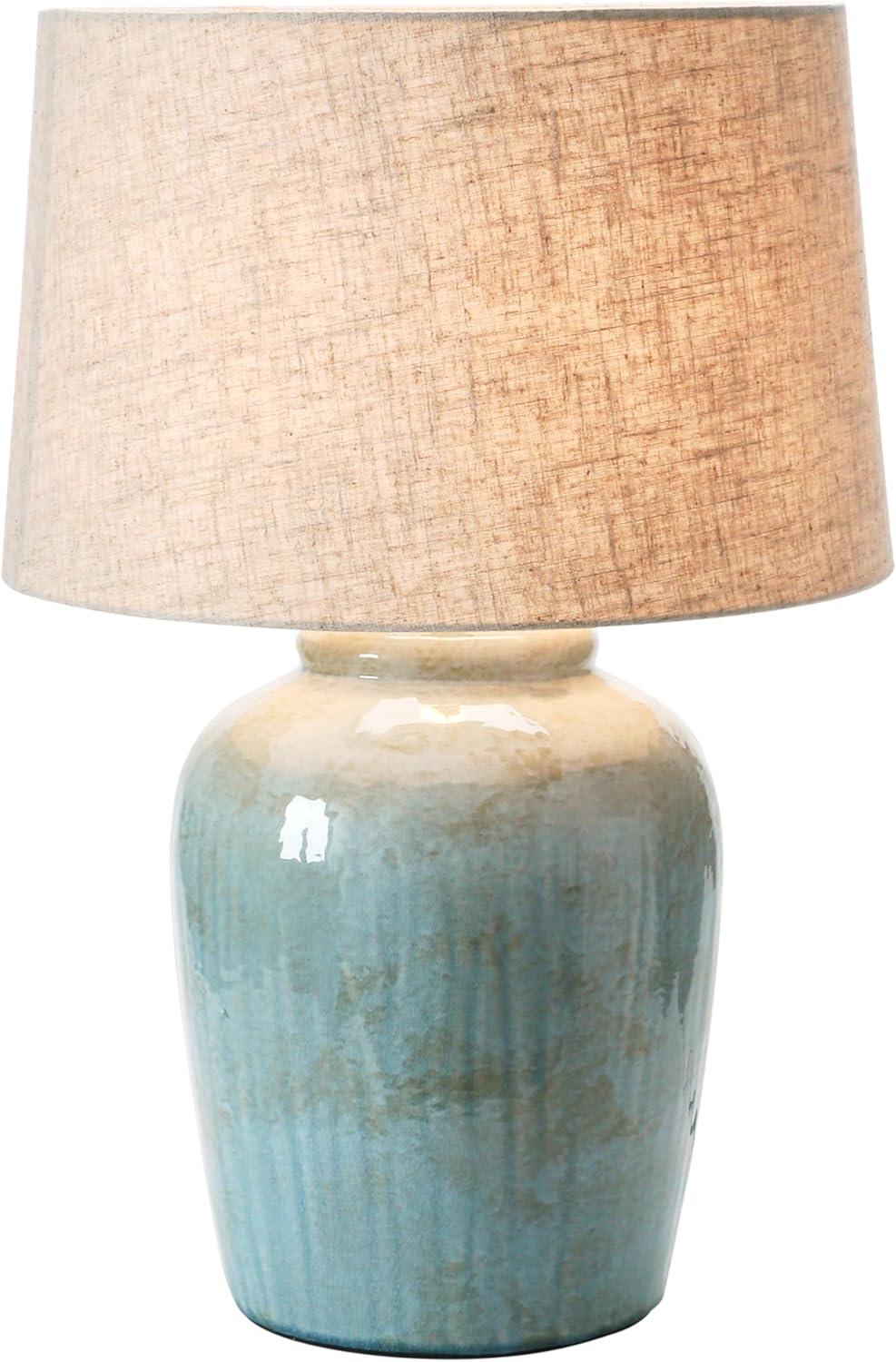 Creative Co-Op Coastal Aqua Blue Ceramic Stoneware Table Lamp with Natural Ivory Linen Shade, Reactive Glaze Finish