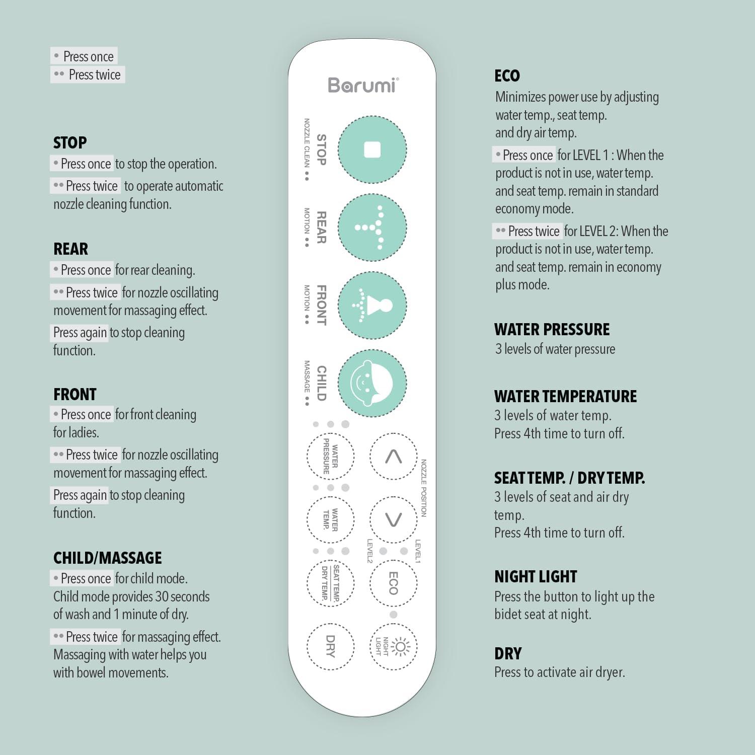 Barumi BM-5000 Electric Elongated Bidet for Toilet, Warm Seat & Air Dryer, Warm Water & Pressure, Self-Cleaning, Child Mode, Eco Mode, Night Light, Hybrid Heating, Soft Close Lid