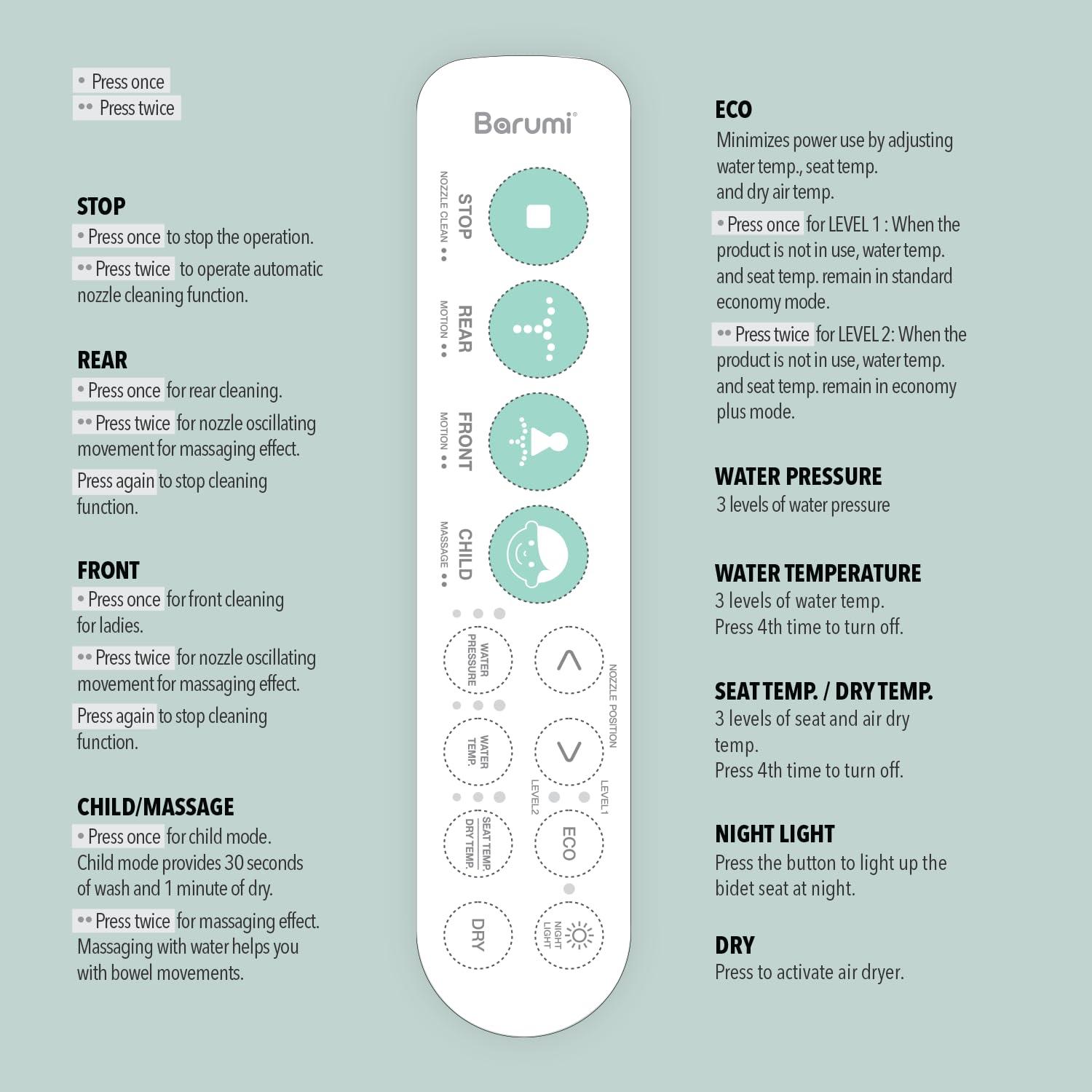 Barumi BM-5000 Electric Elongated Bidet for Toilet, Warm Seat & Air Dryer, Warm Water & Pressure, Self-Cleaning, Child Mode, Eco Mode, Night Light, Hybrid Heating, Soft Close Lid