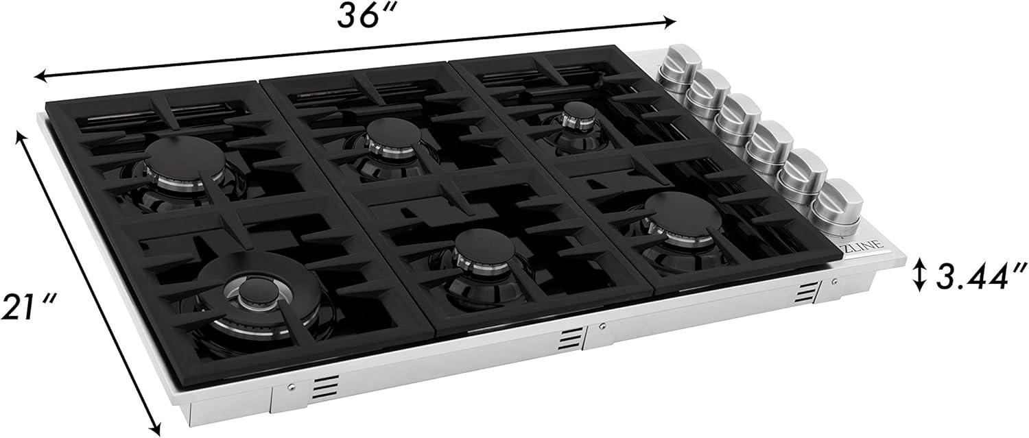 ZLINE 36" Gas Cooktop with 6 Gas Brass Burners and Black Porcelain Top