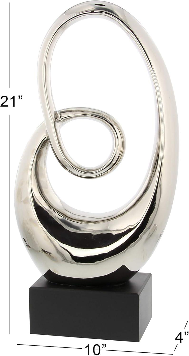 21" Silver Ceramic Swirl Abstract Sculpture with Black Base