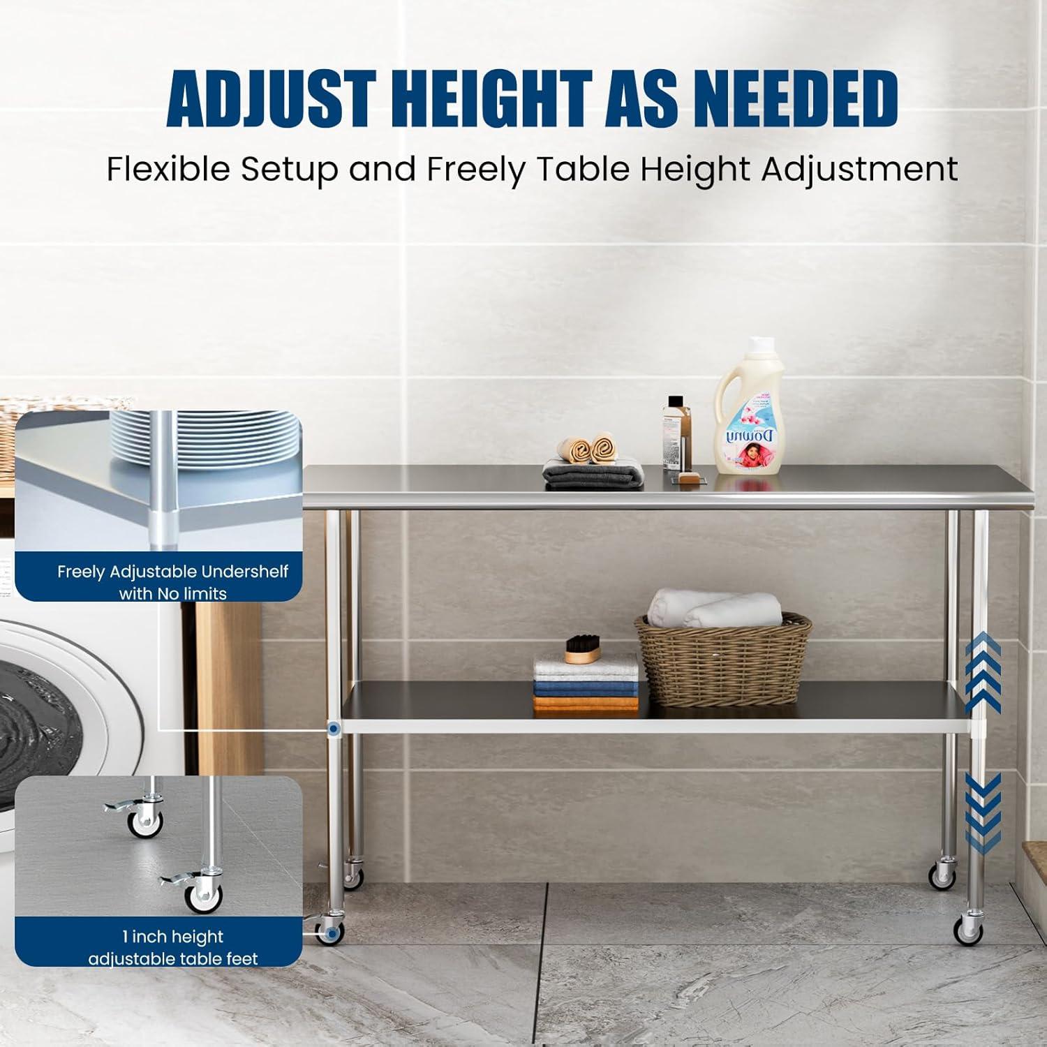 Stainless Steel Table with Wheels 24 x 60 Inches Metal Prep Table with Adjustable Undershelf for Commercial Kitchen, Outdoor, Restaurant, Hotel & Garage