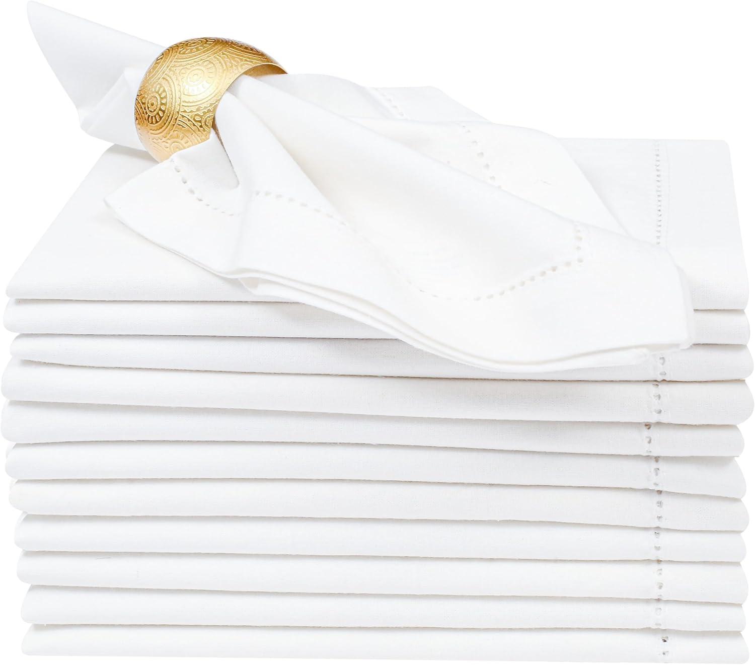 White Hemstitched Cotton Square Napkins Set of 12