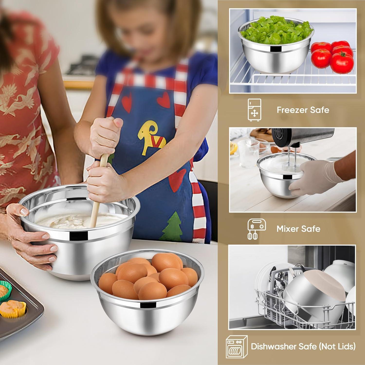 Toledo Bath & Kitchen Stainless Steel Mixing Bowls With Lids, 5-Pack Metal Nesting Bowls With Airtight Covers For Cooking, Baking, Serving, Storage, Non-Toxic & Dishwasher Safe, Size 4.6/3/1.5/1/0.7QT - Khaki