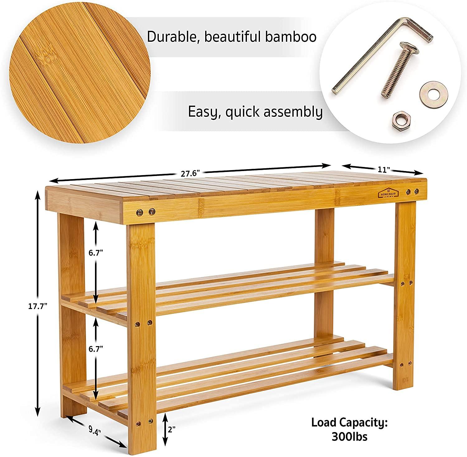 Homemaid Living Bamboo 3 Tier Shoe Rack Small Bench, Outdoor Shoe Rack Weatherproof - Shoe Rack with Bench, Bathroom Bench, Shoe Organizer for Entryway, Hallway, Living Room (Natural Bamboo)