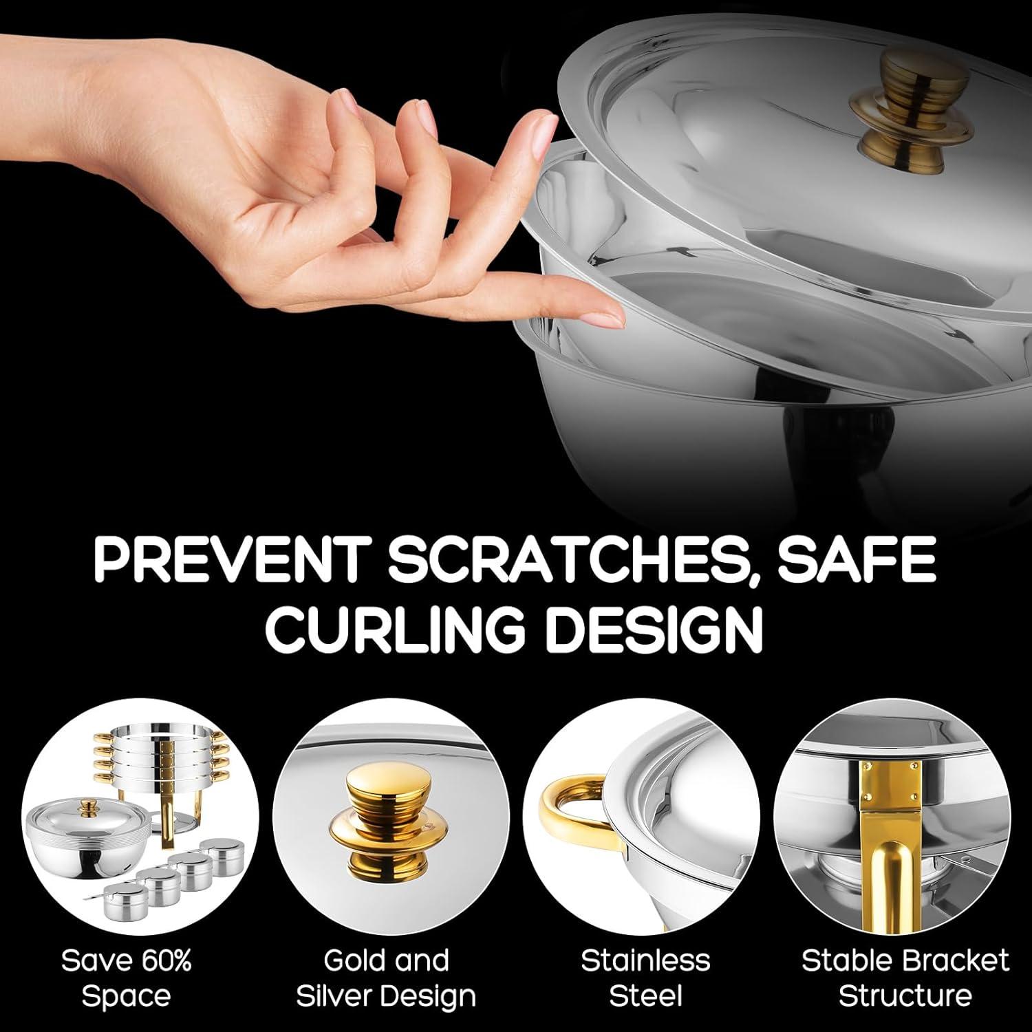 WhizMax Chafing Dish Buffet Set 2 Pack 5QT, Stainless Steel Round Chafing Dishes for Buffet with Lid Holder & Glass Lid, Gold