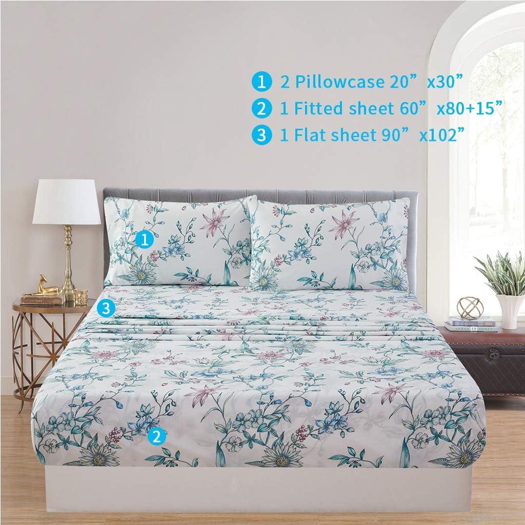 White and Blue Floral Queen Microfiber Sheet Set with Deep Pockets