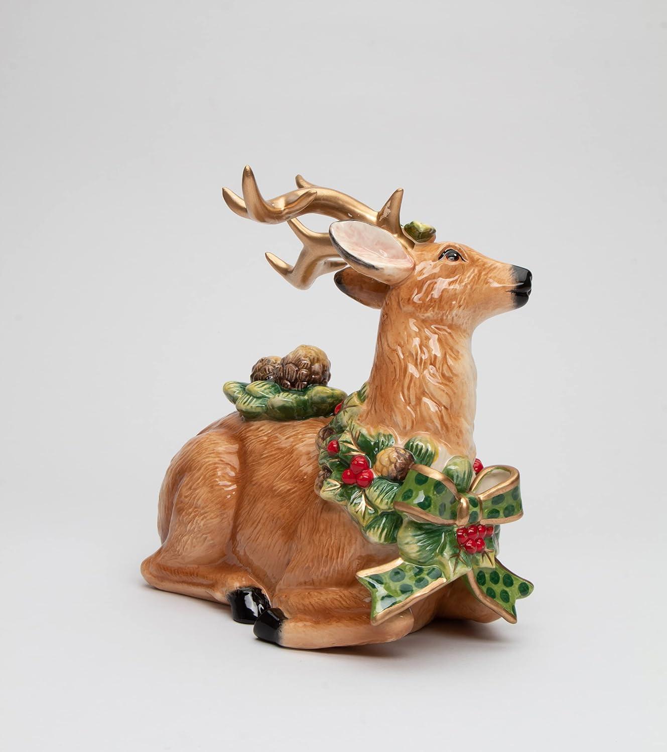 Ceramic Reindeer with Pine Cone Figurine, Christmas Decor