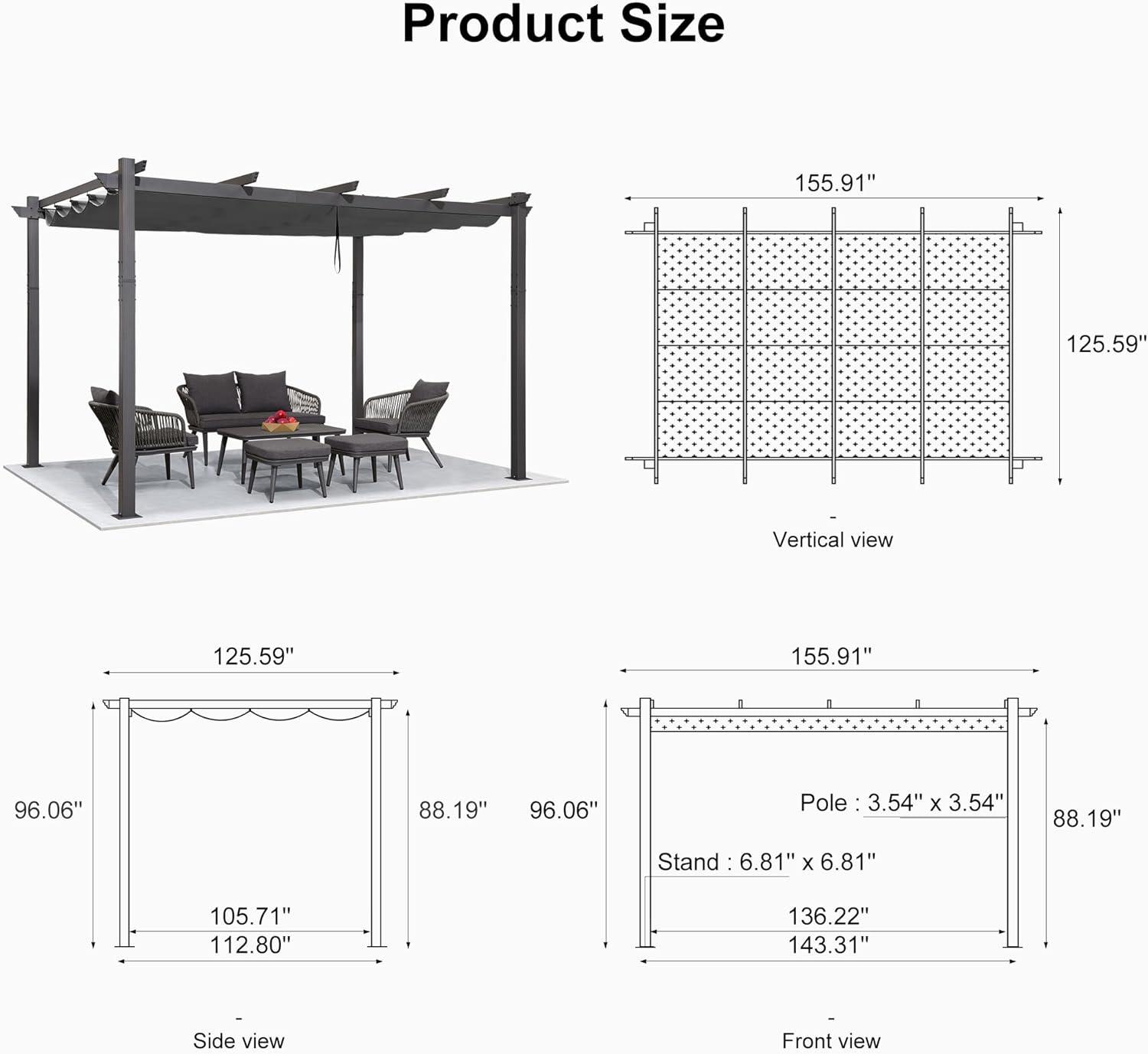 Gray Aluminum Outdoor Pergola with Retractable Canopy, 11' x 13'