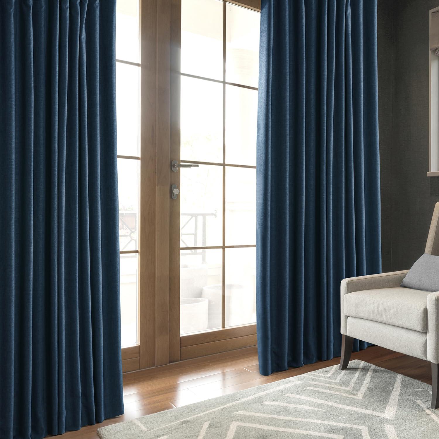 Signature Voyager Blue Faux Linen Blackout Curtain (1 Panel), Voyager Blue, 50W X 84L