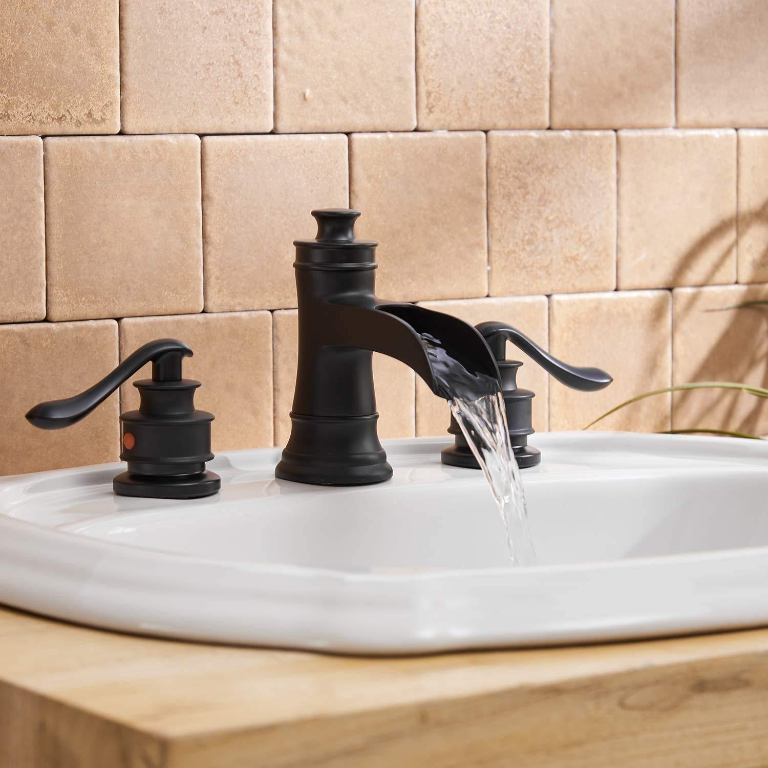 Black Bathroom Faucet Widespread Bathroom Faucets for Sink 3 Hole Matte Black 8 Inch Two Handle Matching Pop Up Drain Stopper Waterfall Farmhouse Lavatory Water Supply Line by Bathfinesse