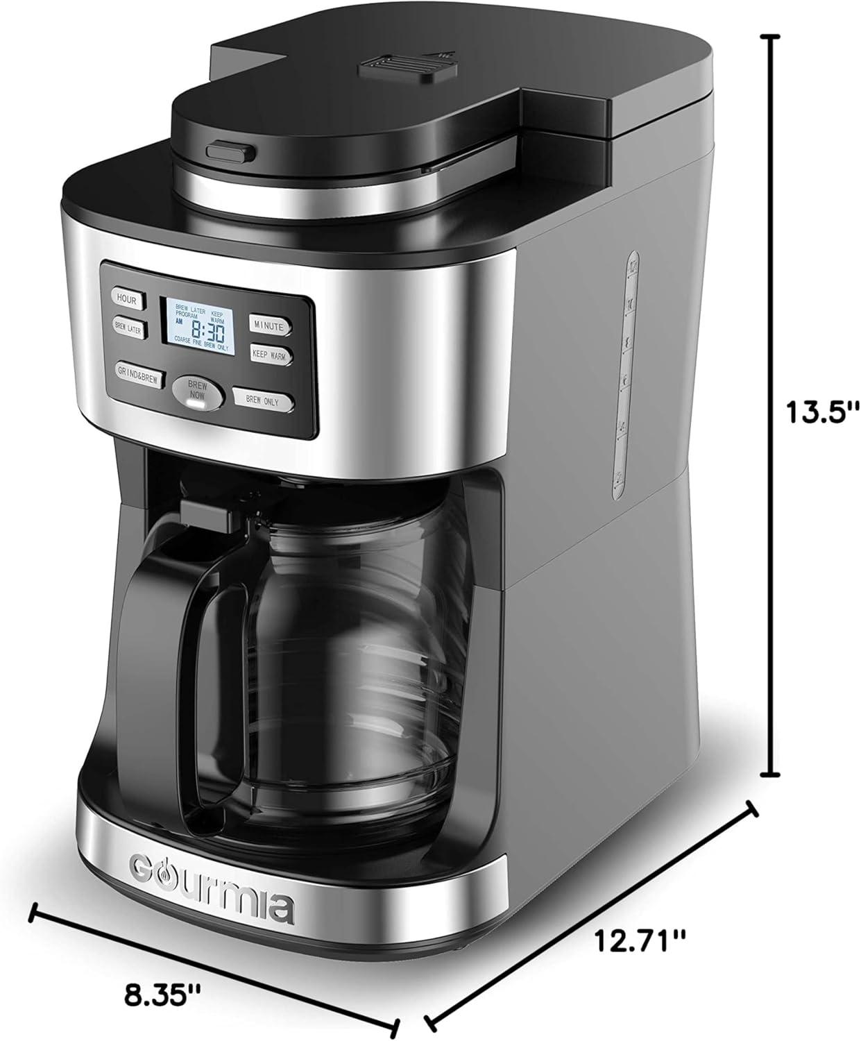 Gourmia 12-Cup Programmable Grind & Brew Coffee Maker: Stainless Steel, Dishwasher-Safe Parts