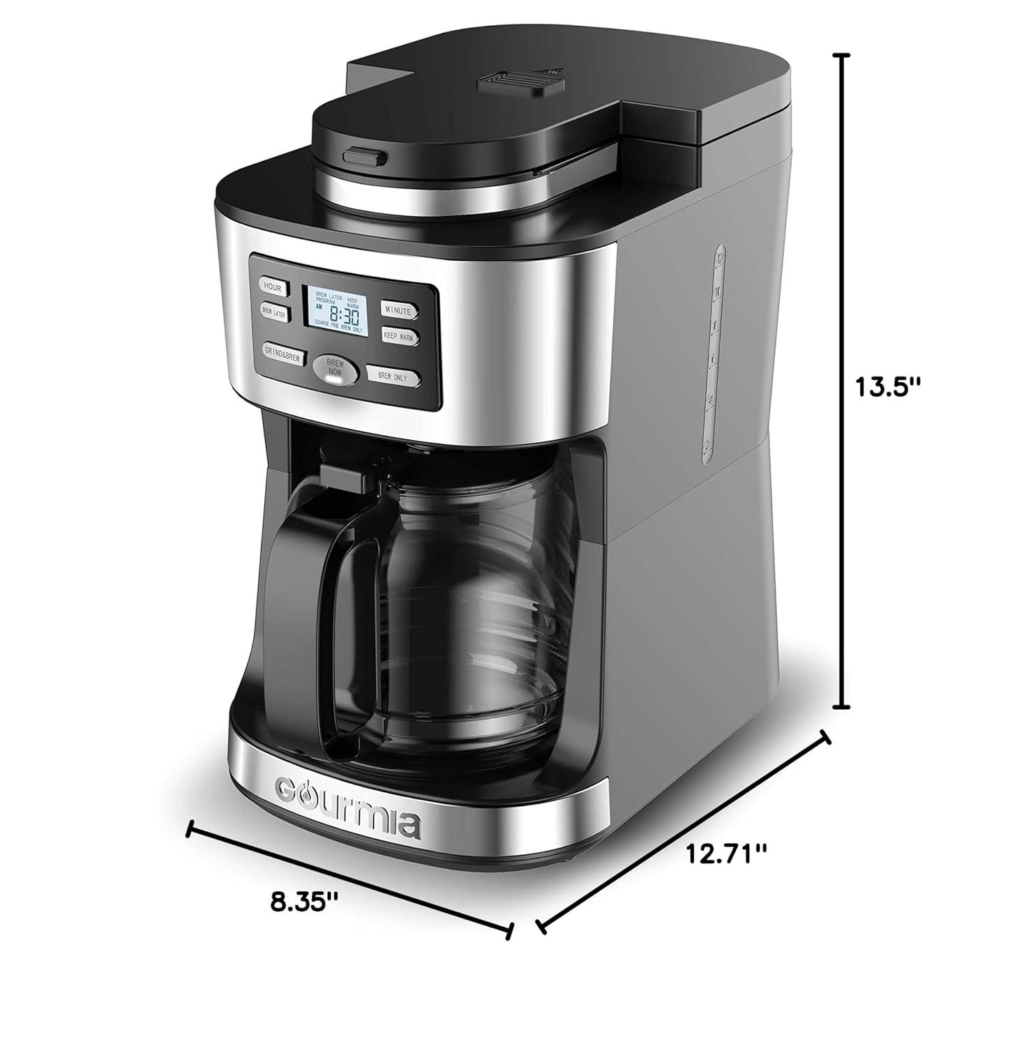 Gourmia 12-Cup Programmable Grind & Brew Coffee Maker: Stainless Steel, Dishwasher-Safe Parts
