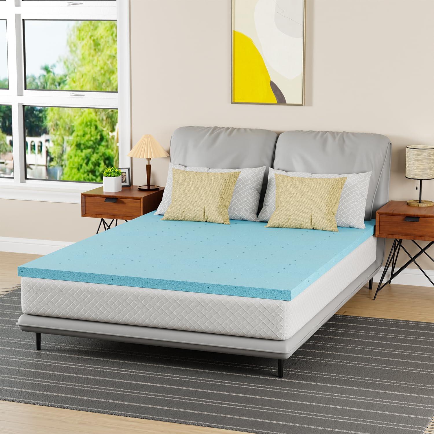 Queen Size Blue Gel Memory Foam Mattress Topper