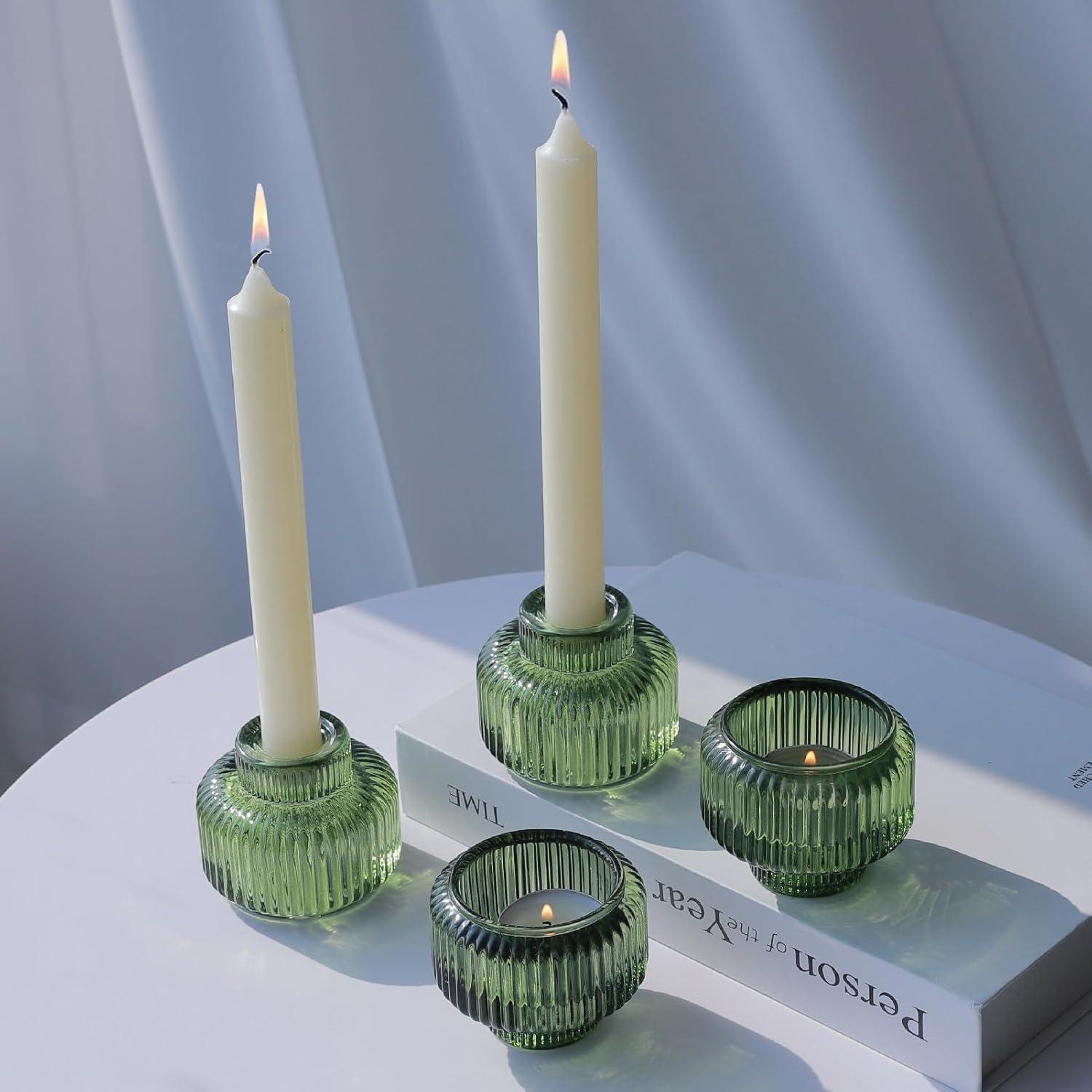 Green Ribbed Glass Reversible Candlestick Holders, Set of 4