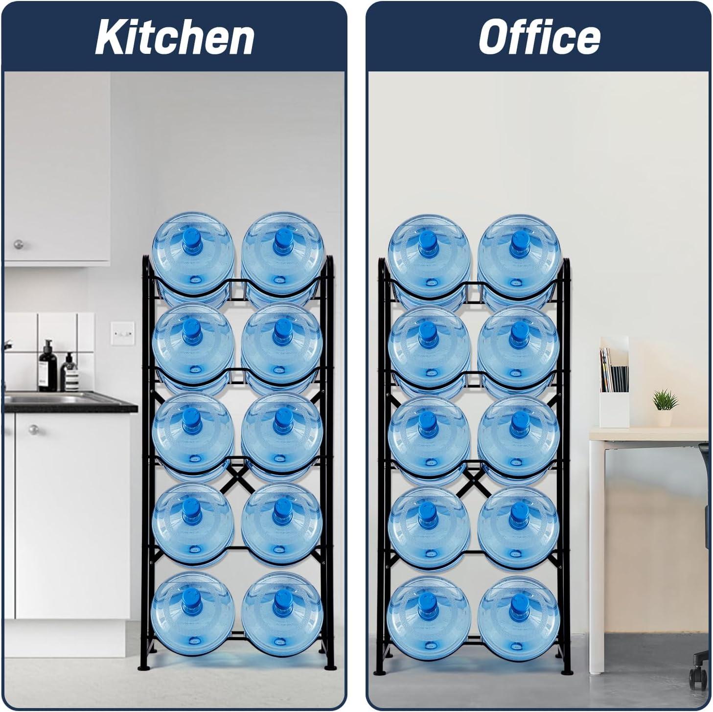 5 Gallon Water Jug Holder, 5-Tier Reinforced Carbon Steel Bottle Storage Rack for 10 Bottles - Cooler Organizer for Office, Family, Garages, Restaurant, Gym. Black