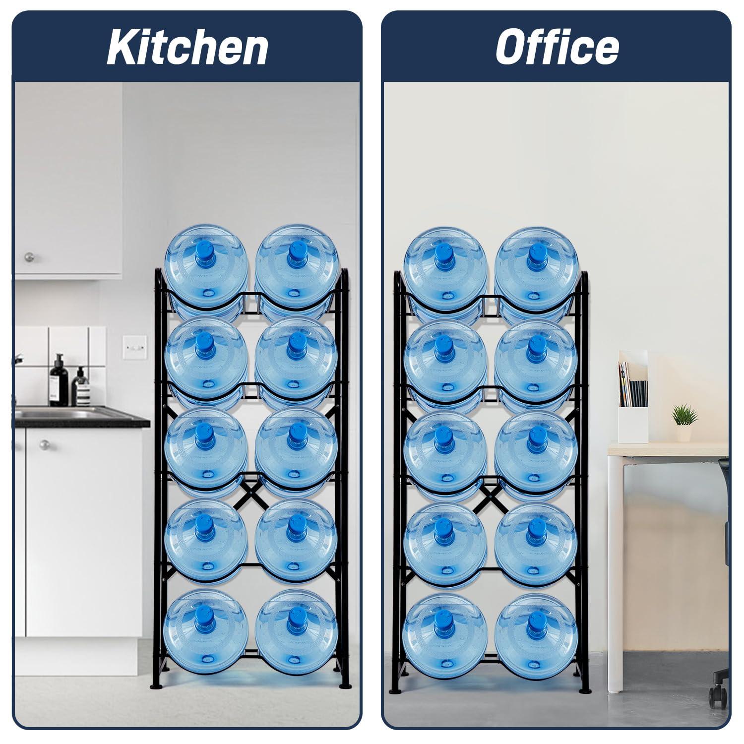 5 Gallon Water Jug Holder, 5-Tier Reinforced Carbon Steel Bottle Storage Rack for 10 Bottles - Cooler Organizer for Office, Family, Garages, Restaurant, Gym. Black